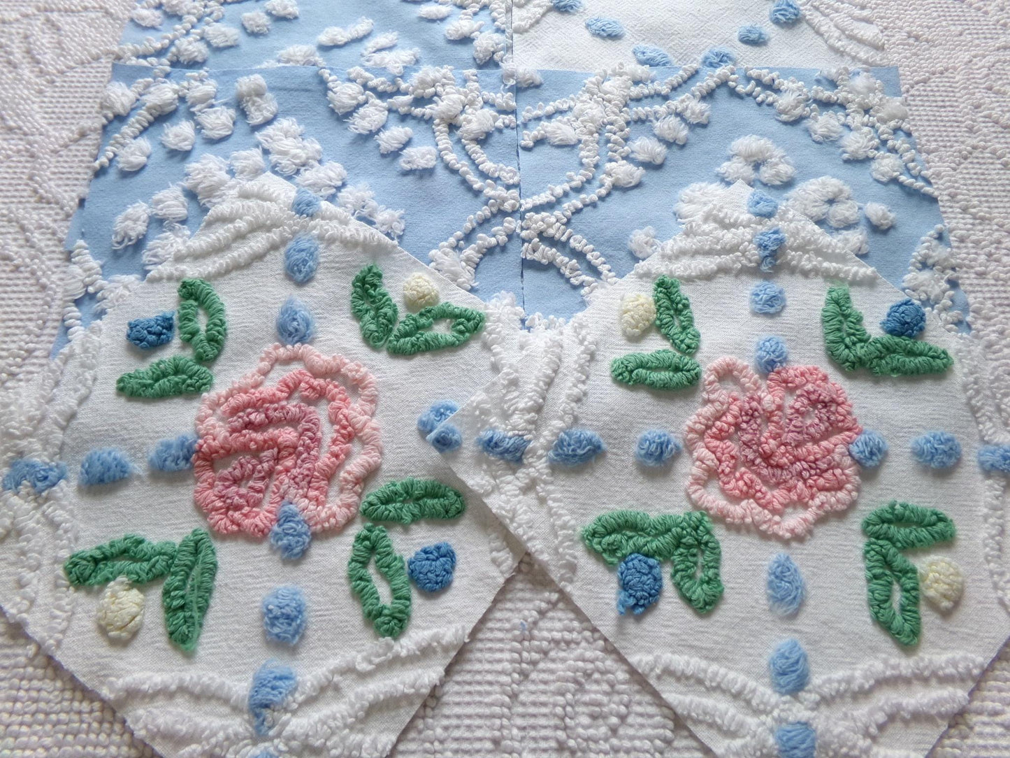 winter rose chenille fabric squares, set of 8 vintage 7.5" quilt blocks, blue & white geometric, pink floral for sewing, crafts, quilting