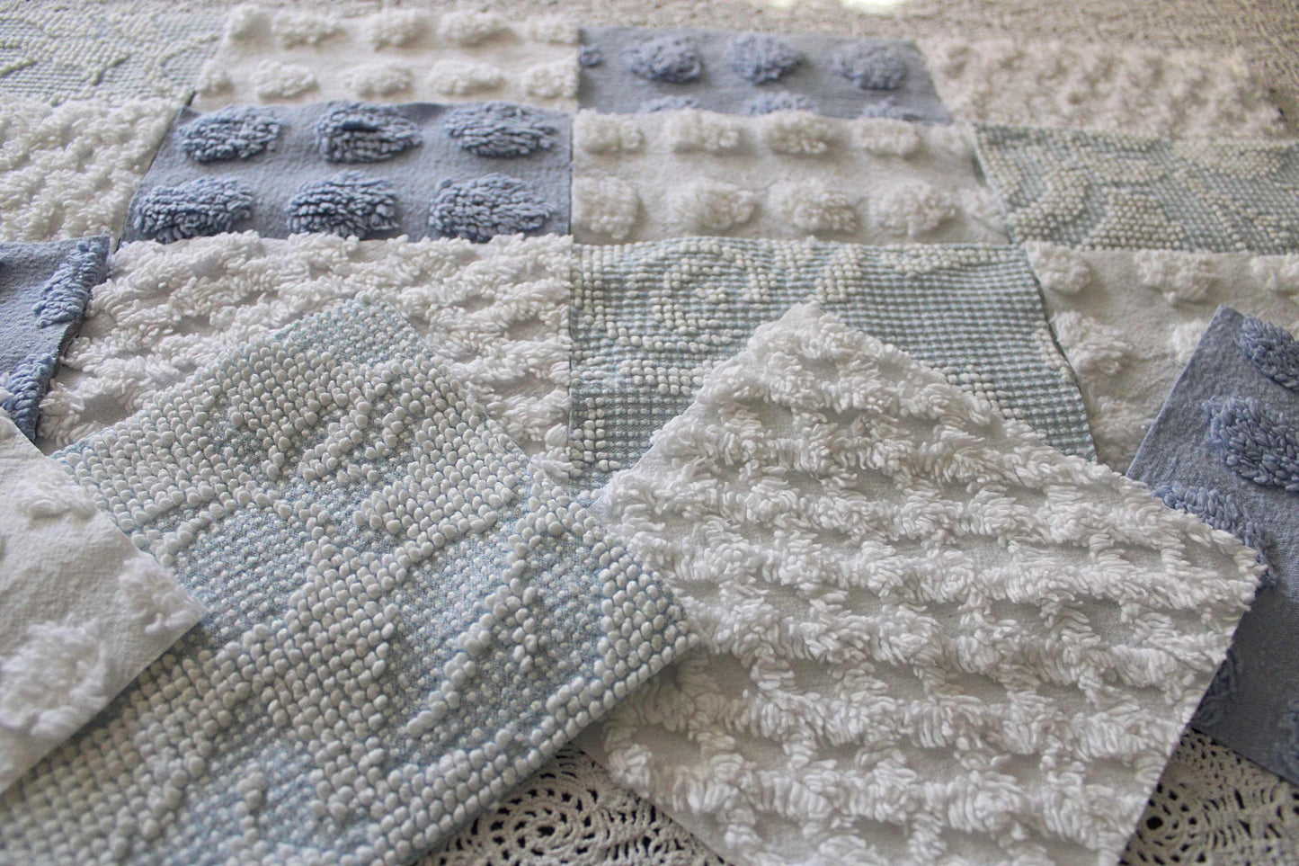 Chenille Fabric Squares, Beachy Blue & White Craft Square Set from Vintage Bedspread Fabric, 16 Blocks, 6" x 6" inch
