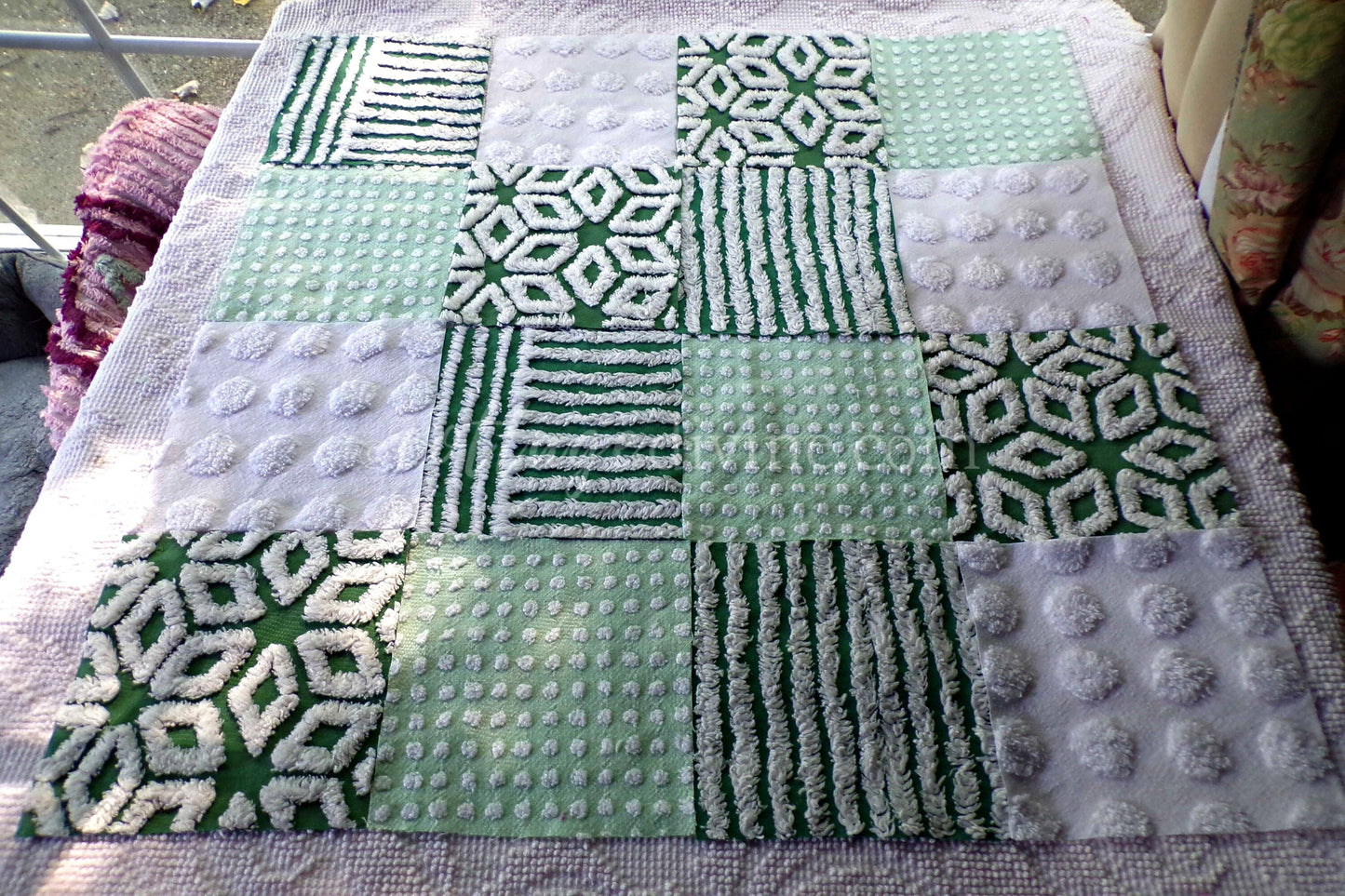 Lucky Star Quilt Squares Set, Rotary Cut from Vintage Chenille Bedspread Fabric, 16 Blocks, 6" x 6" inch, Green & White