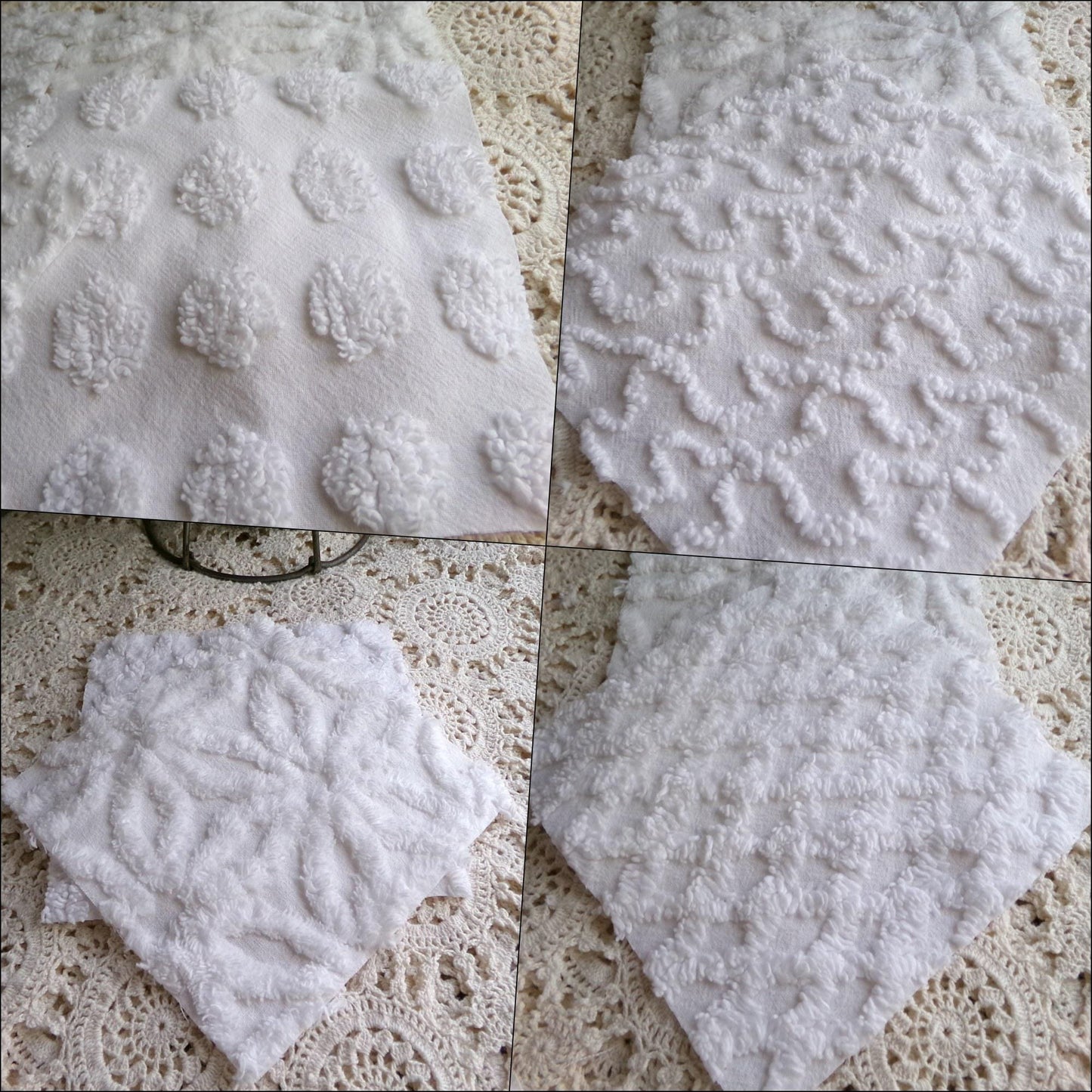 cherub feathers white chenille fabric squares, cut from vintage chenille bedspreads in popular patterns, set of 16 quilt blocks, 6" inch ea