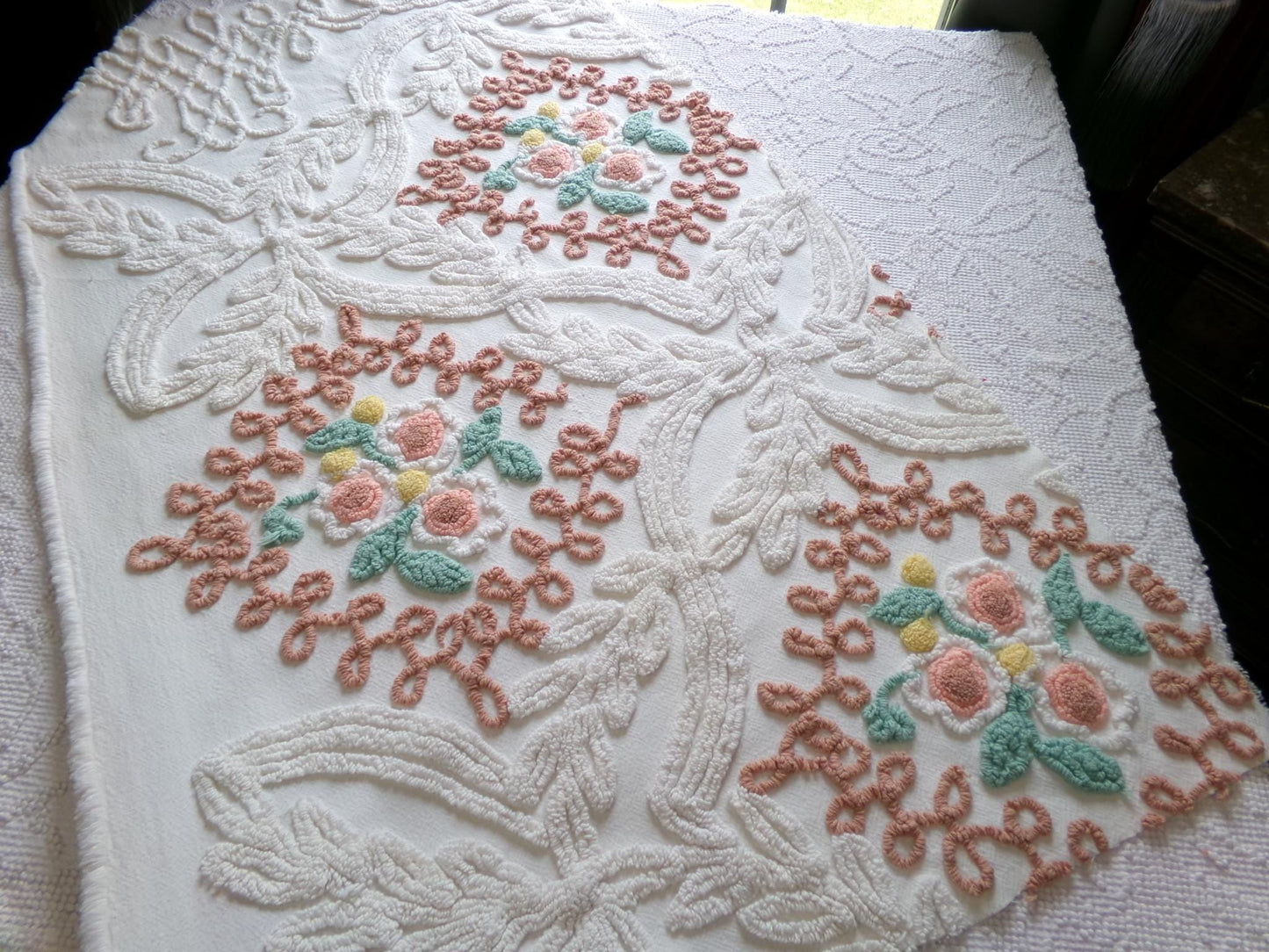 frosted cake sculpted vintage chenille fabric, cream botanicals & autumn roses, 35" x 20" inch piece of beautiful sewing material