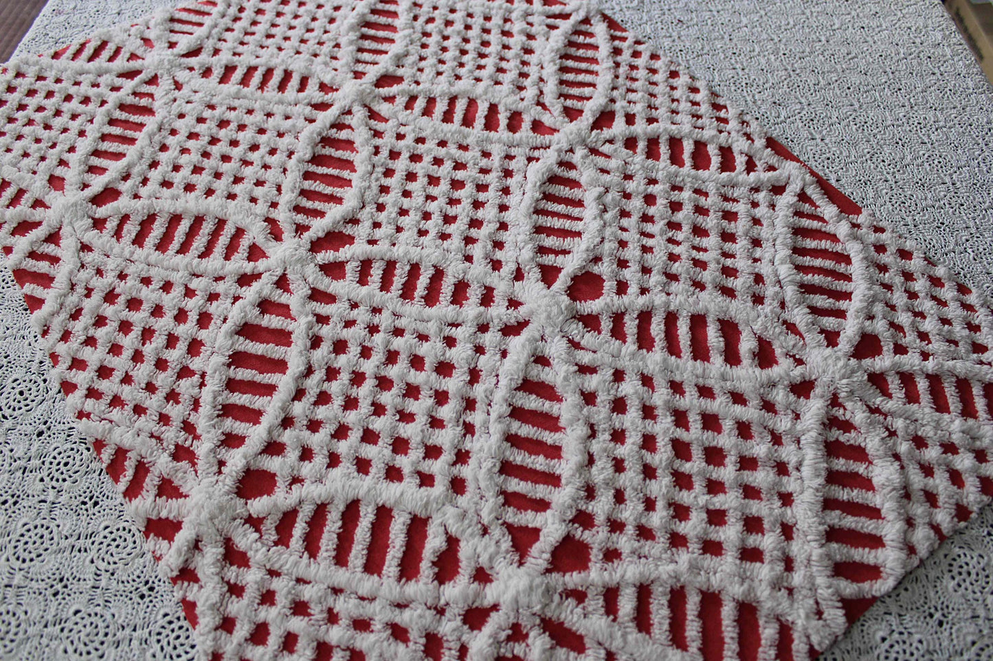red & white chenille fabric, fun festive wedding rings, 19" x 27" inch piece, 100% lightweight cotton, great for vintage Christmas stockings