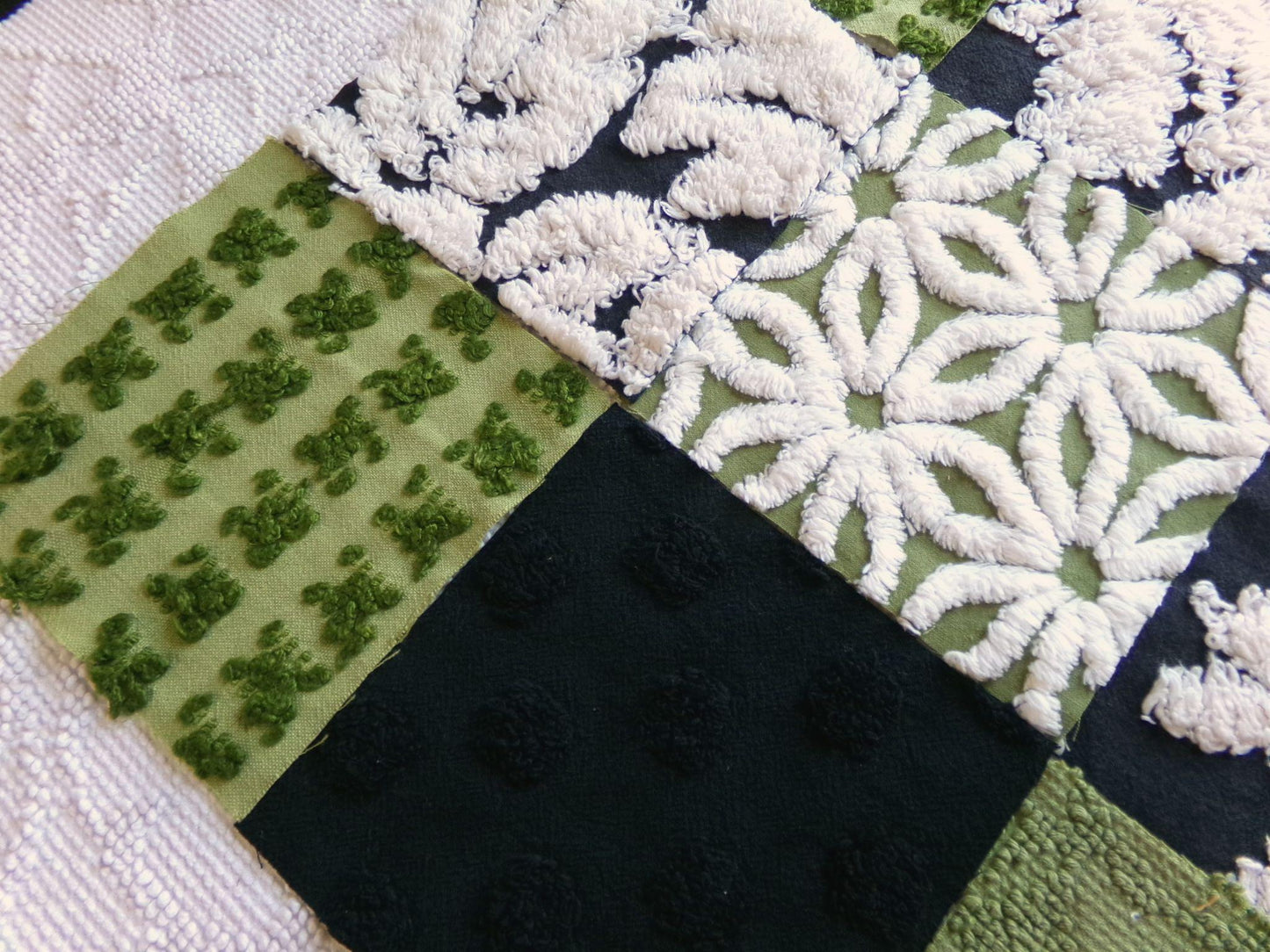 goblin green & black chenille fabric squares, set of 17 vintage boho quilt blocks for hippie style pillows, fiber arts