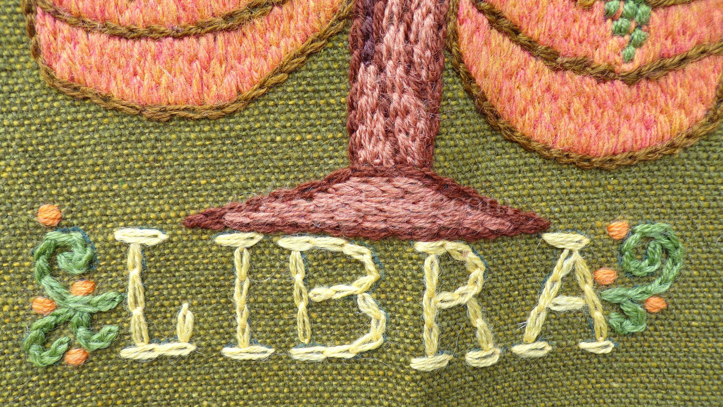 LIBRA Rare Zodiac Vintage Astrology Embroidery, Paragon Crewel Stitchery, Completed, an Original 1969 Barbara Sparre Design