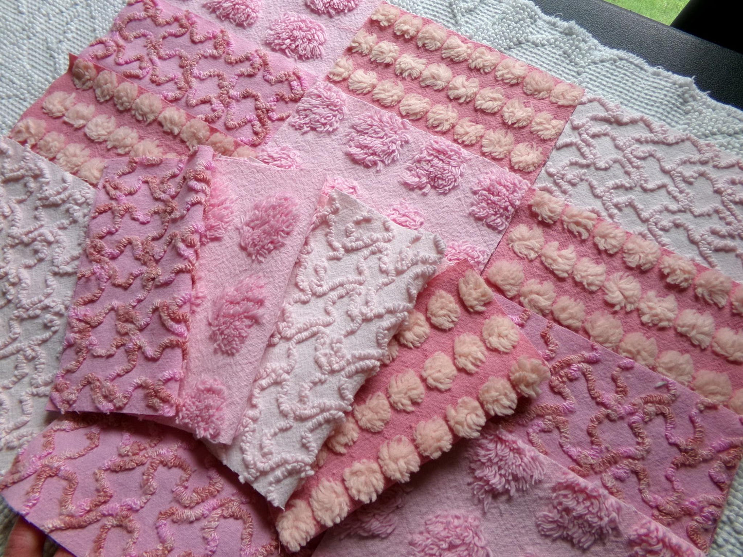 perky pinks chenille fabric squares, 16 vintage 6" quilt blocks in pops & squiggle texture, for sewing, crafts, fiber arts