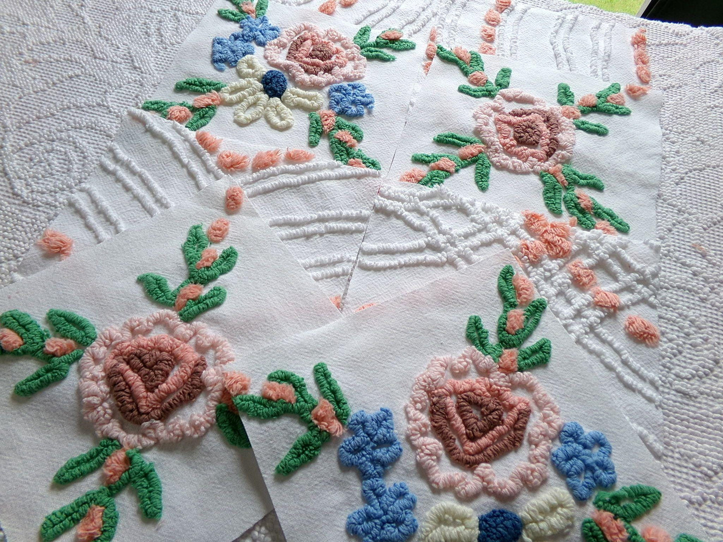 cottage chic chenille fabric squares, set of 8 vintage 7.5" quilt blocks, peach, white rose floral & geometric for sewing, crafts, quilting