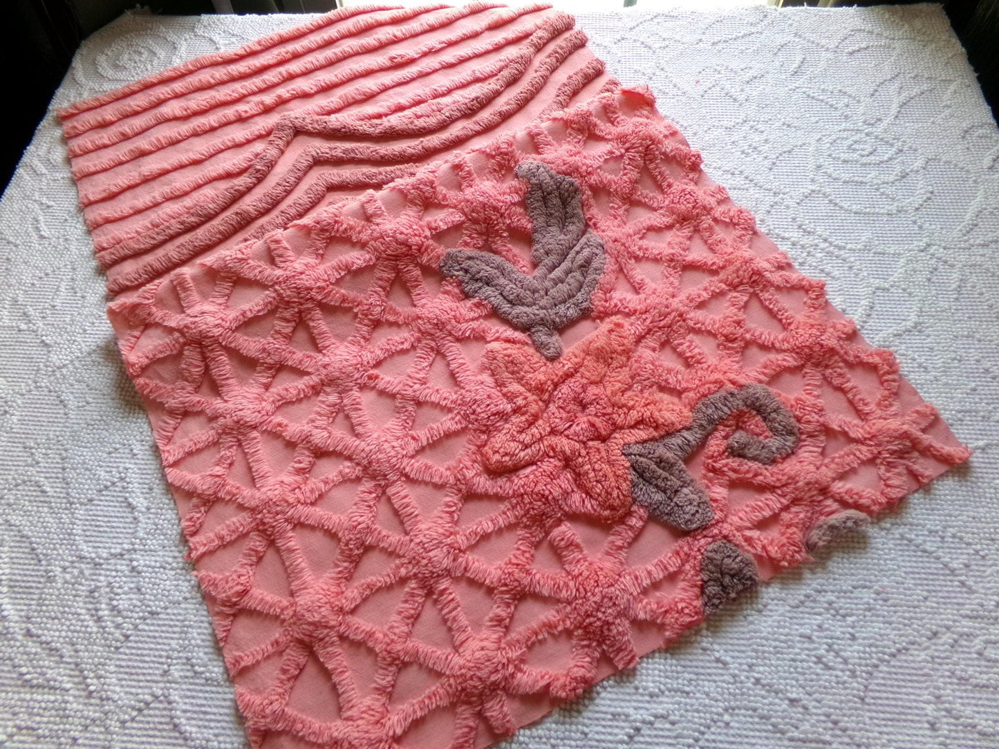 peach twinkles vintage chenille fabric panel in shabby starburst pattern, pretty sewing material for quilts & pillows, 30" x 17" inch piece