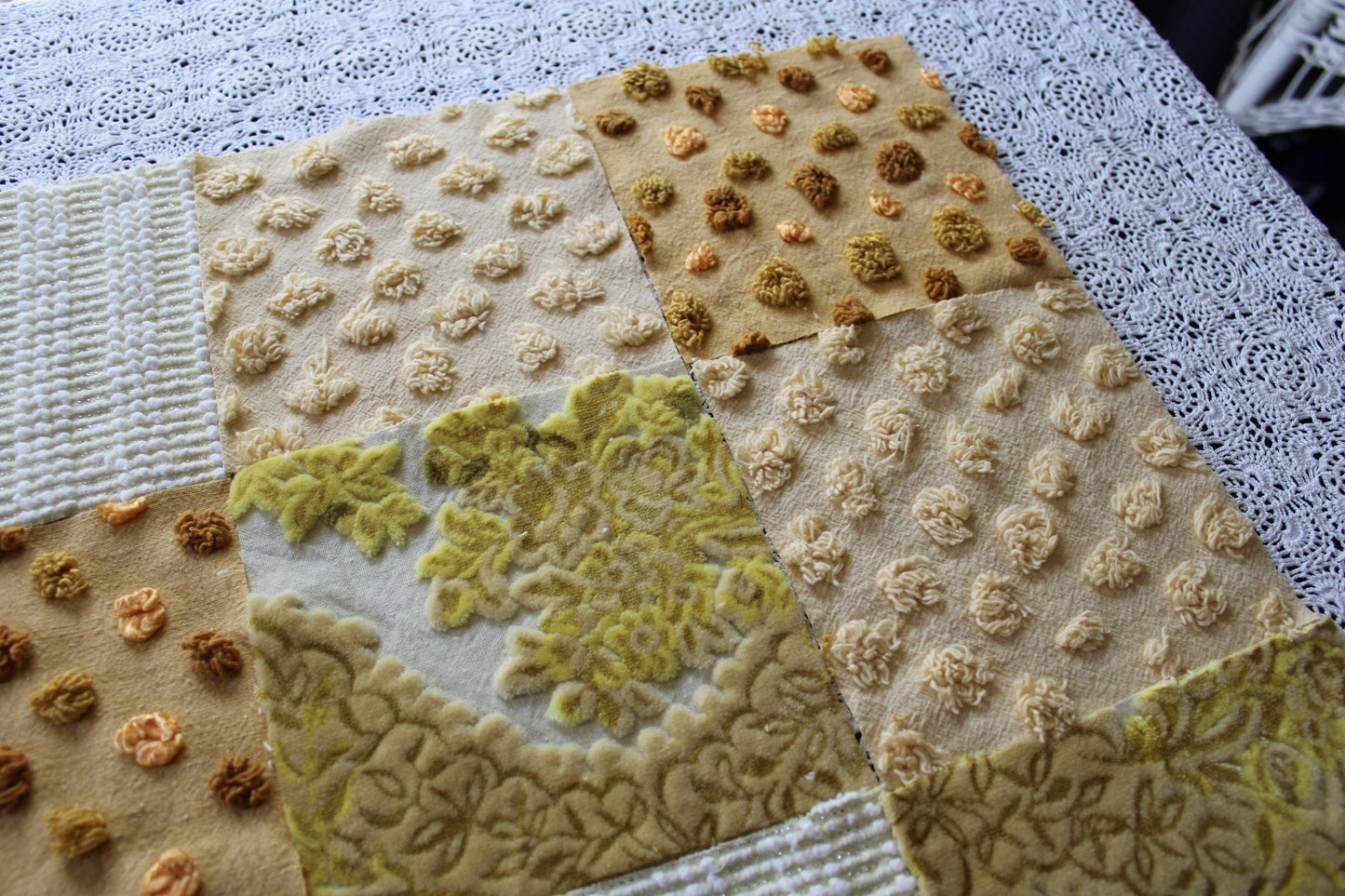 Golden Glow Chenille & Velvet Quilt Squares Set, from Vintage Bedspread Fabric, 16 Blocks, 6" x 6" inches each, Shades of Gold, Yellow