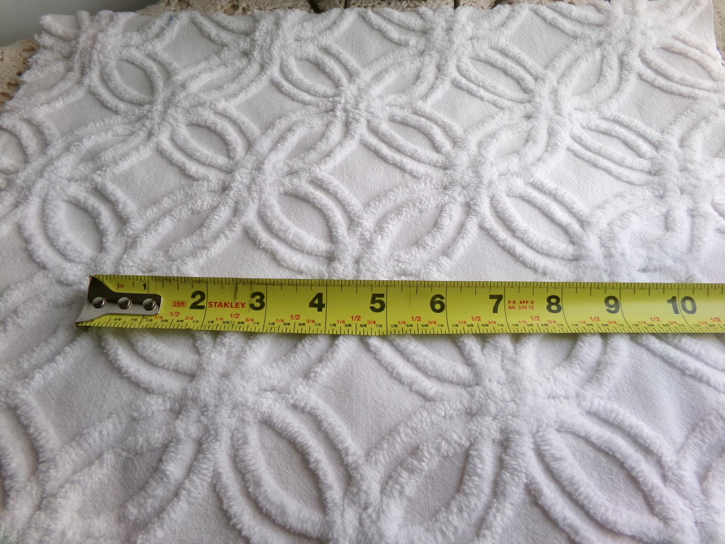 versatile white vintage chenille fabric, classic wedding ring design, 15.5" x 23" inch piece of sewing material for quilts, crafts