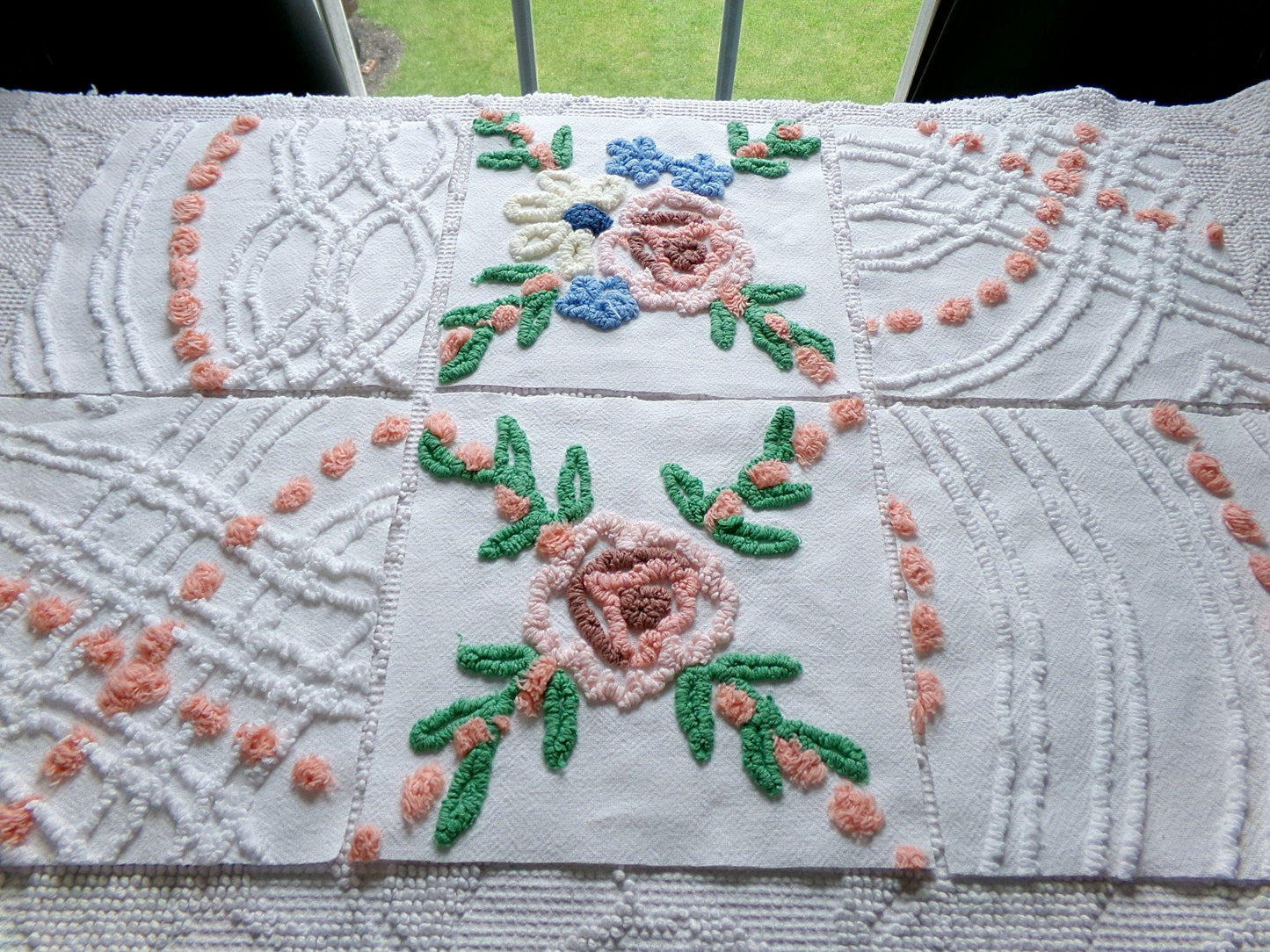 cottage style chenille fabric squares, set of 6 vintage 7.5" quilt blocks, peach, white rose floral & geometric for sewing, crafts, quilting
