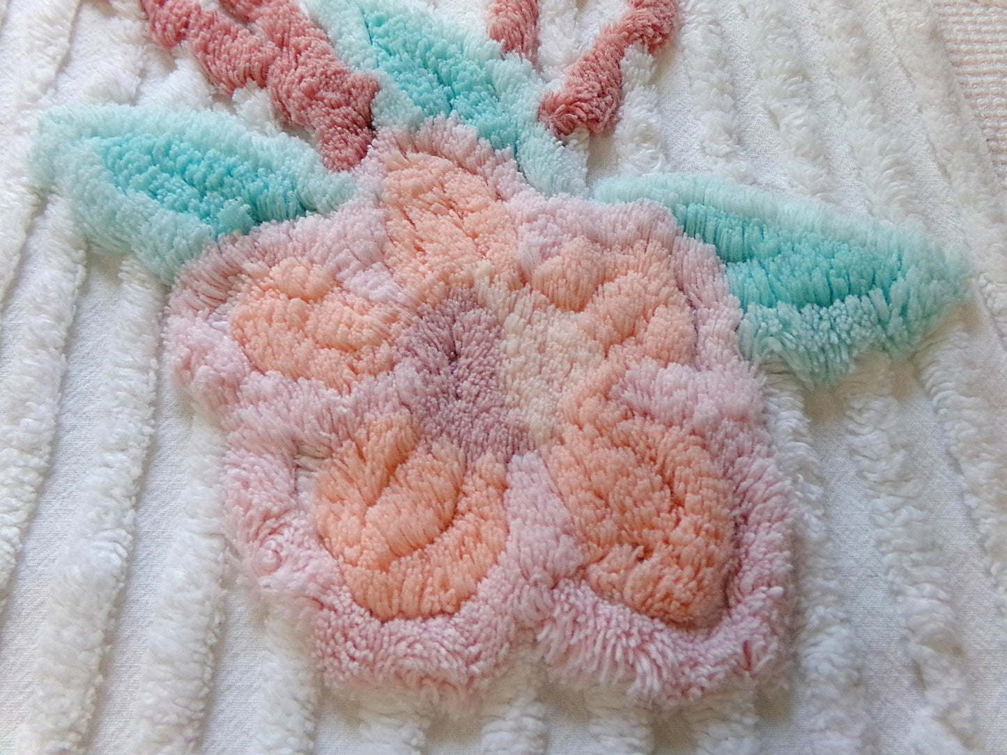 rose garland vintage chenille fabric, floral 20" x 29" piece of white cotton sewing material for crafts, pillows