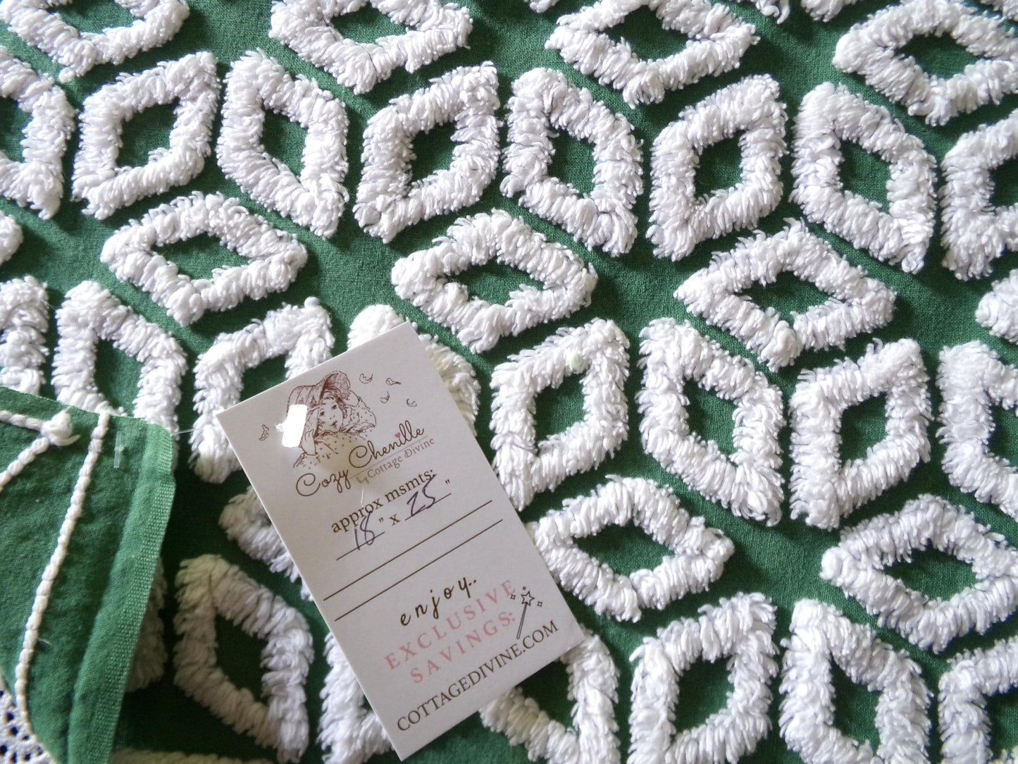 Forest Green Snowflakes Vintage Chenille Material, 18" x 25" inch Fabric Piece, 100% Cotton, Geometric Wedge White Snowflake Design