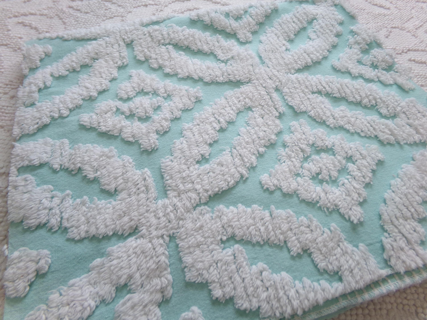 vintage aqua chenille fabric, white petals geometric design, 20" x 24" piece of sewing material
