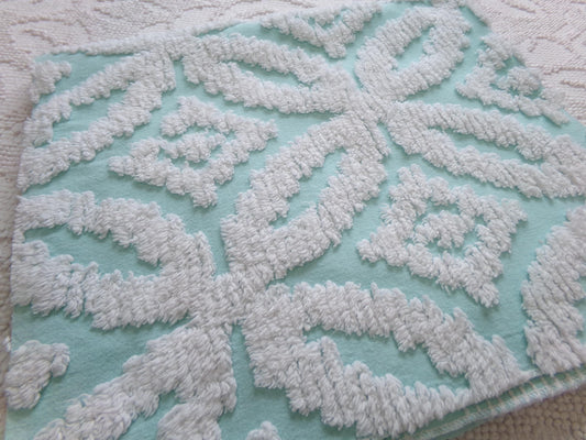 vintage aqua chenille fabric, white petals geometric design, 20" x 24" piece of sewing material