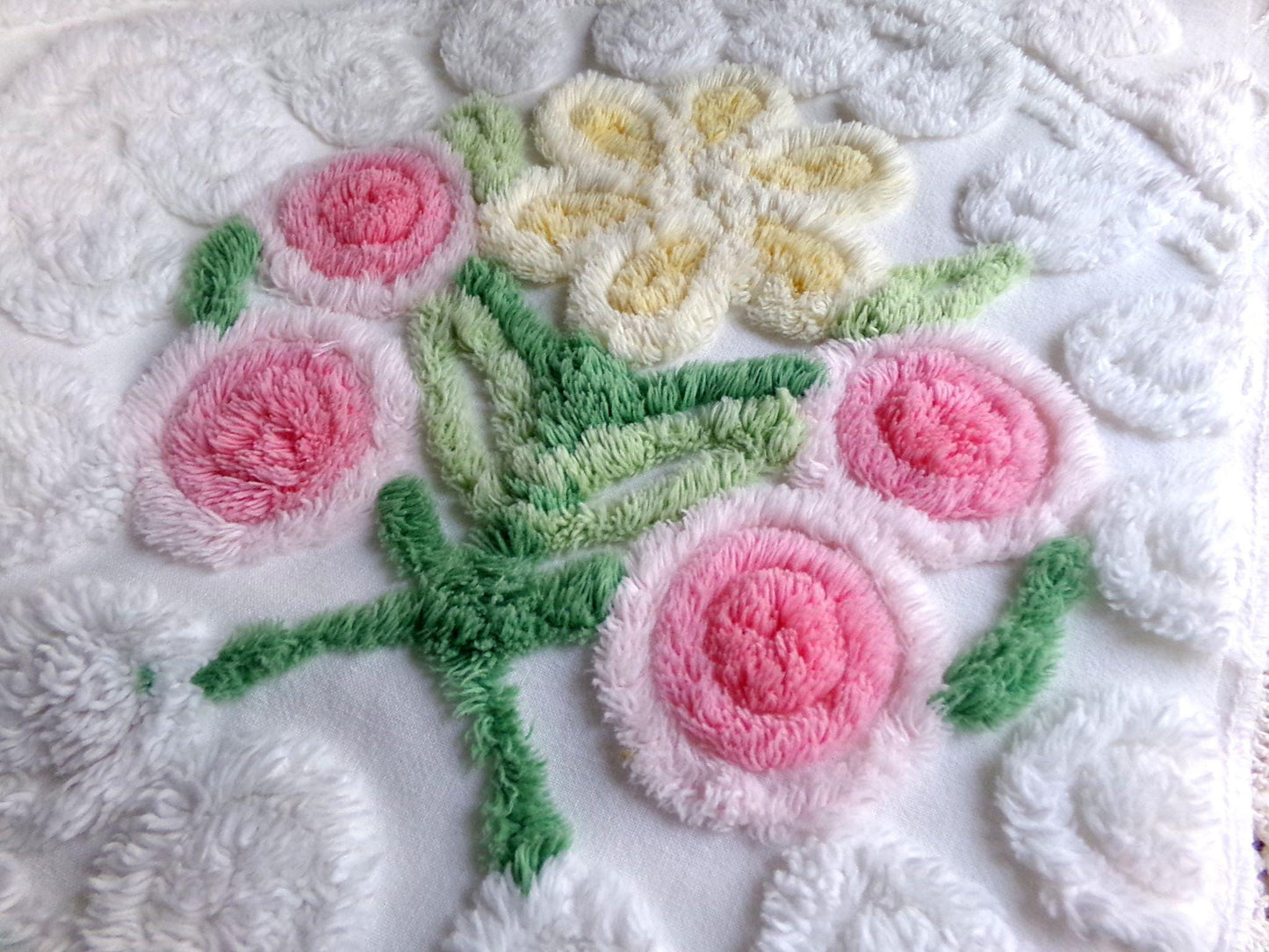 sculpted wedding cake vintage chenille fabric, lovely bridal white curlicues & rosette florals, 19" x 27" inch piece cotton sewing material