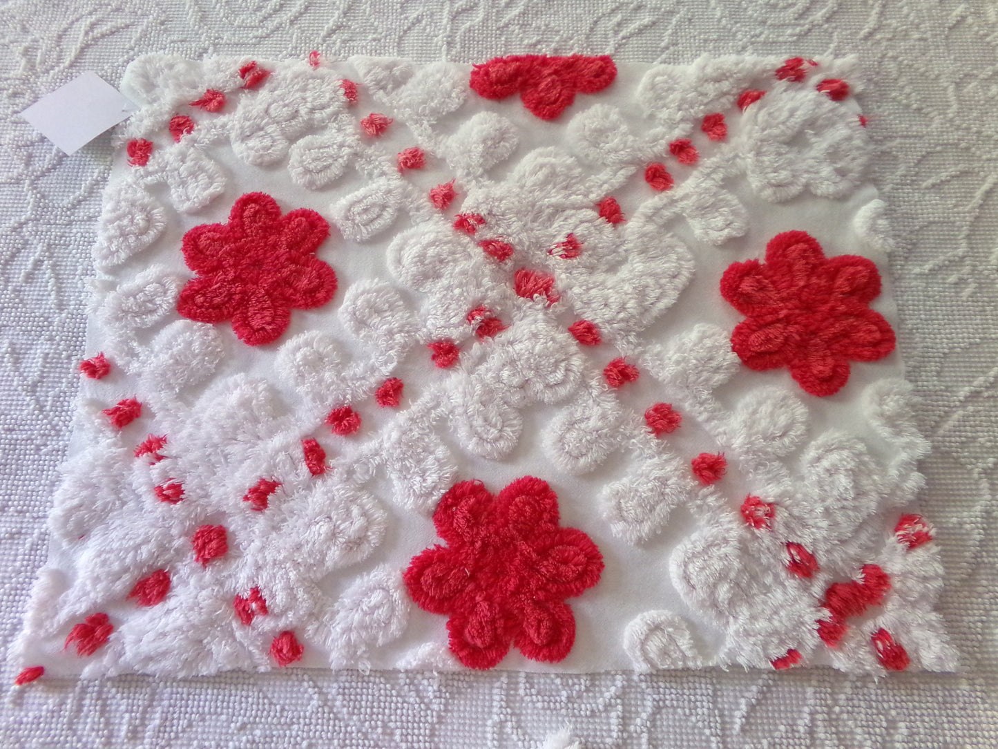 Sweet & Shabby Red Flowers Vintage Chenille Fabric, 16" x 20" Inch Piece, Frosty White Plush Swirls, Fun in Festive Crafts