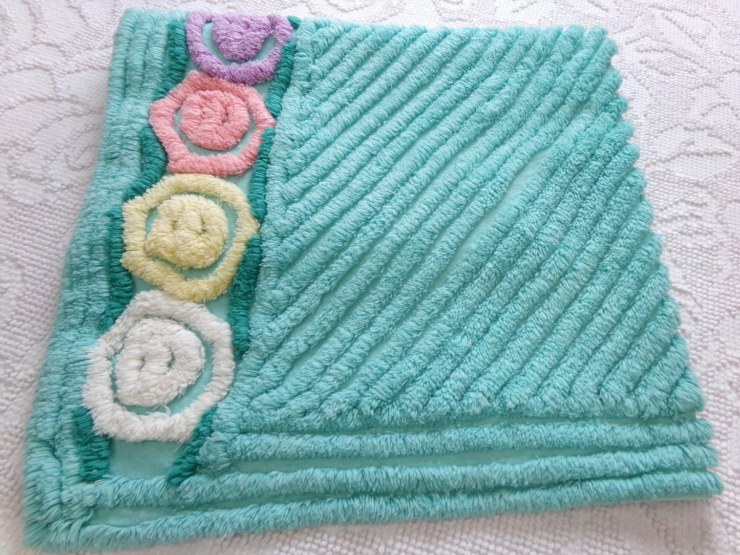 vintage plush aqua chenille fabric, rainbow lollipop roses design, 19" x 24" piece of sewing material