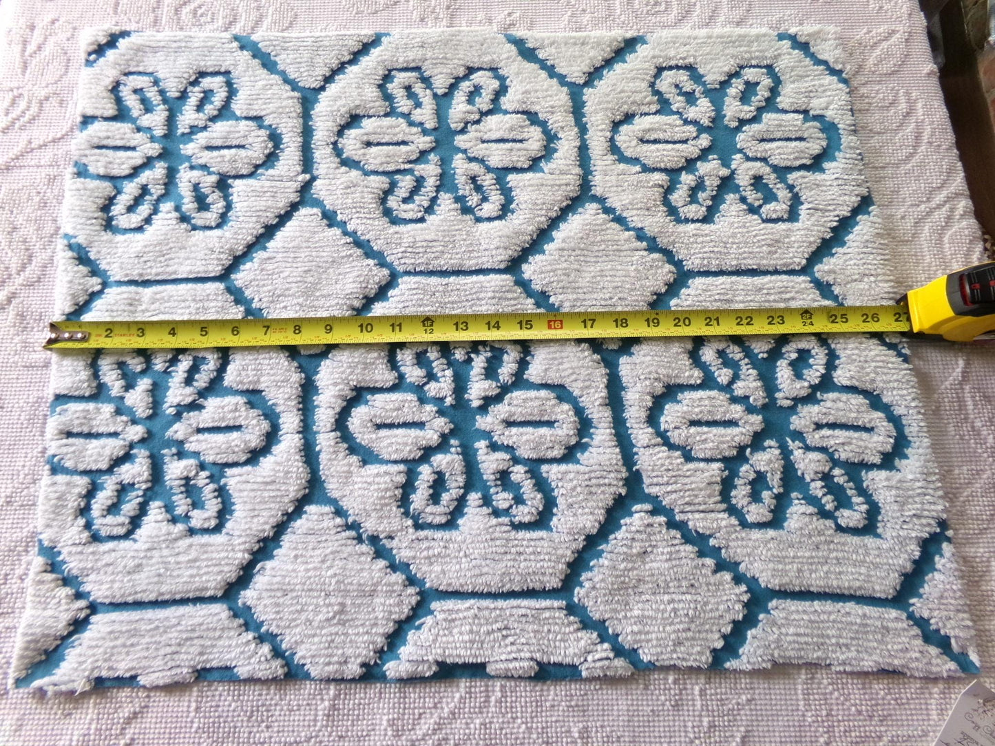 sea glass blue vintage fabric, texturized white daisy block design, 20" x 25" piece of sewing material cut from chenille bedspread