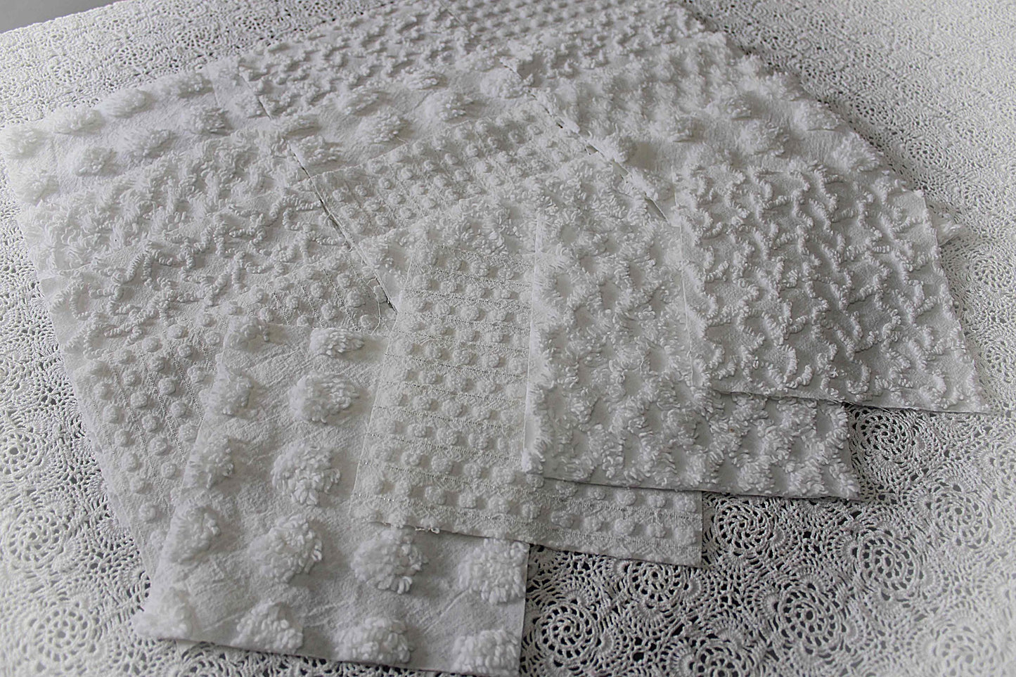 white chenille fabric squares in dynamic textures, coin dots, lattice, mini pop sparkle & squiggles, 16 vintage quilt blocks, 6" x 6" ea