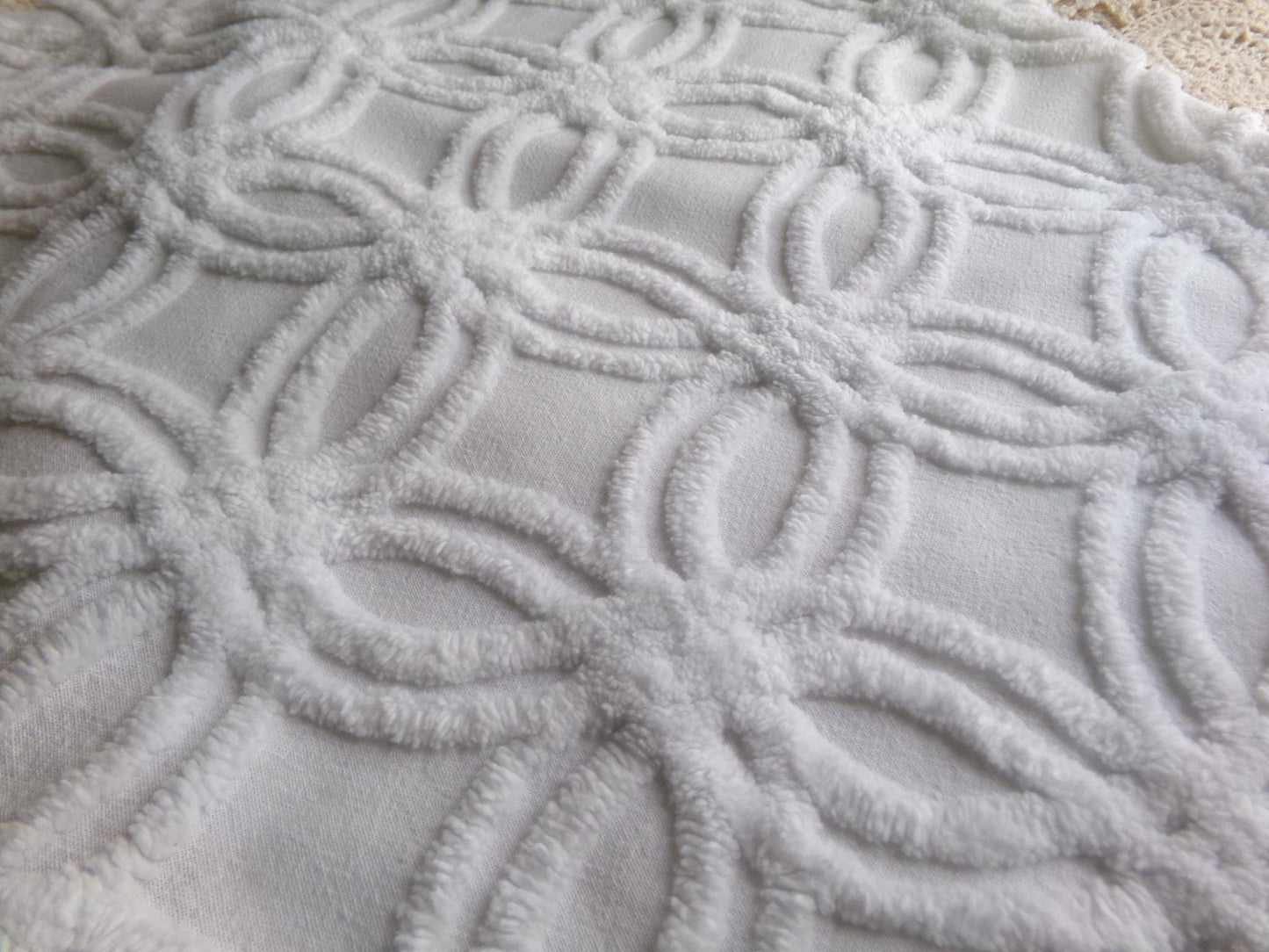 versatile white vintage chenille fabric, classic wedding ring design, 15.5" x 23" inch piece of sewing material for quilts, crafts