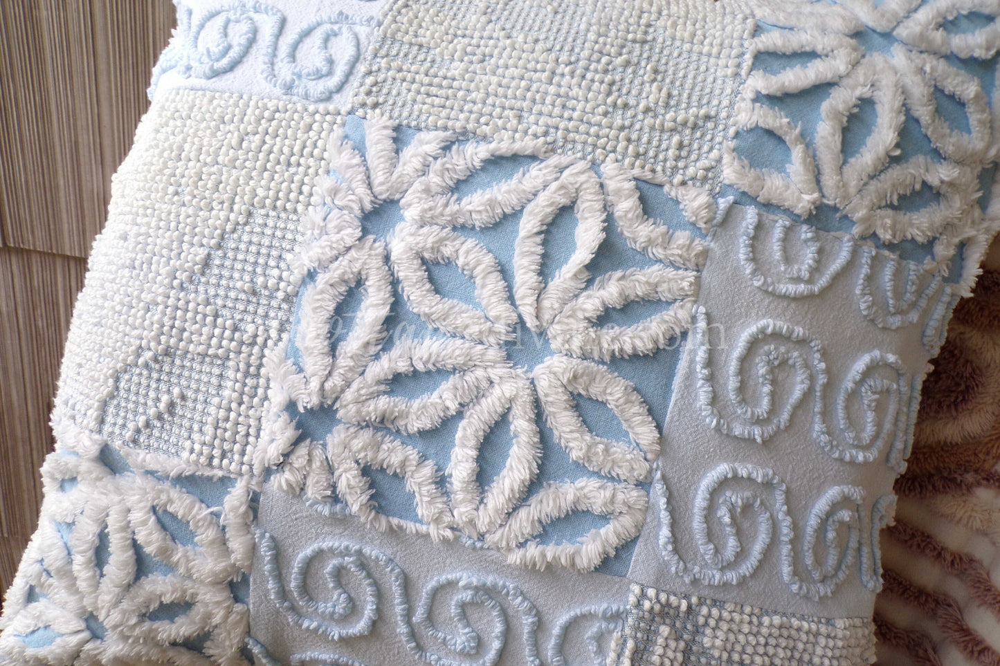 Beach Cottage Chenille Pillow Cover 16" x 16" inch Square, REVERSIBLE Patchwork Blue Accent Pillow from Vintage Chenille Bedspread Fabric