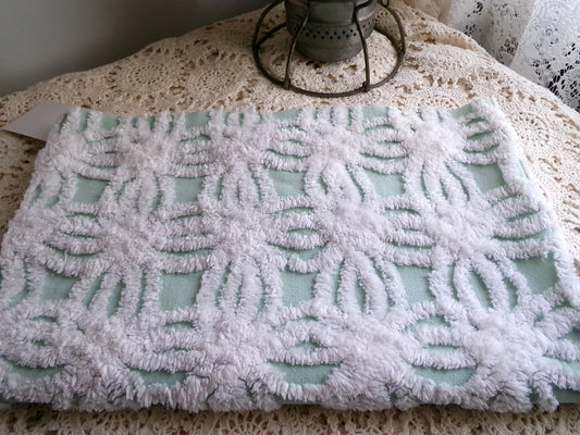 mint green chenille fabric, plush white wedding rings, 18" x 26" inch piece cut from vintage chenille bedspread