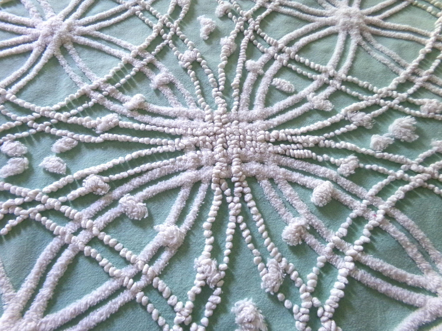 spiderweb jade green vintage chenille fabric, unique texturized web pattern on this 18" x 23" inch piece of sewing material