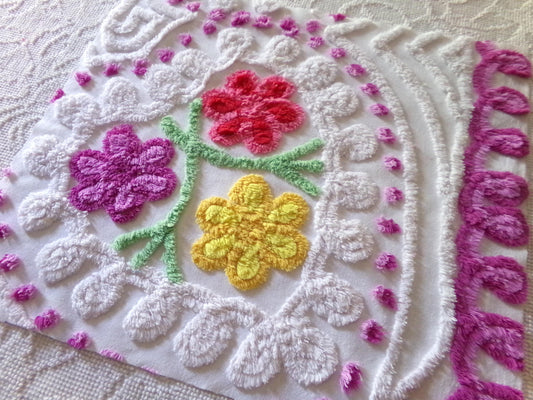 Fabric Piece from Vintage Chenille Bedspread with 3 Colorful Florals, 20" x 17" inches