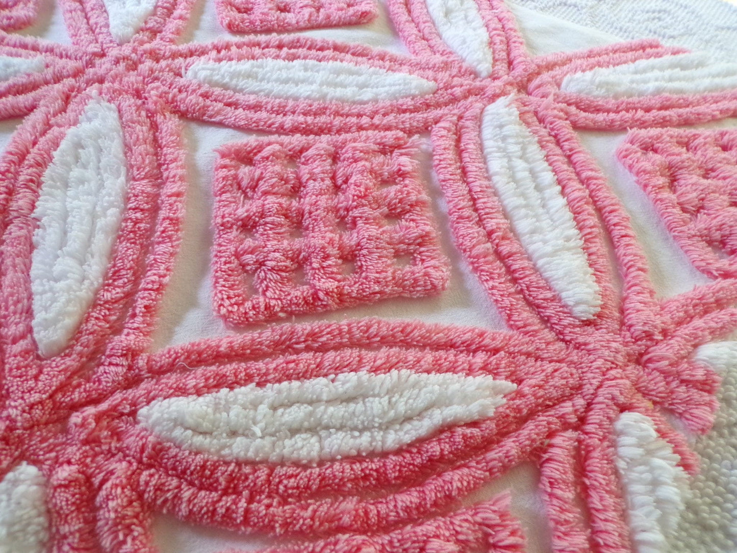 Super Plush Pink & White Chenille Fabric, 18" x 24"-inch Piece, Geometric Print, Vintage 100% Cotton