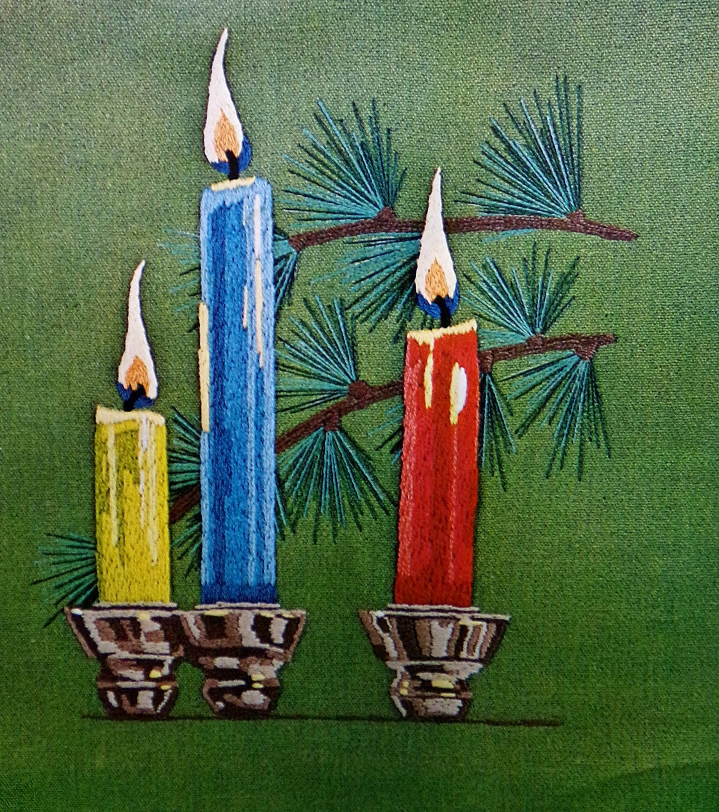 BY CANDLELIGHT Crewel Stitchery Kit, Exquisite Trio of Tranquil Candles on Evergreen Canvas, Vintage 0149 Paragon Needlecraft Embroidery
