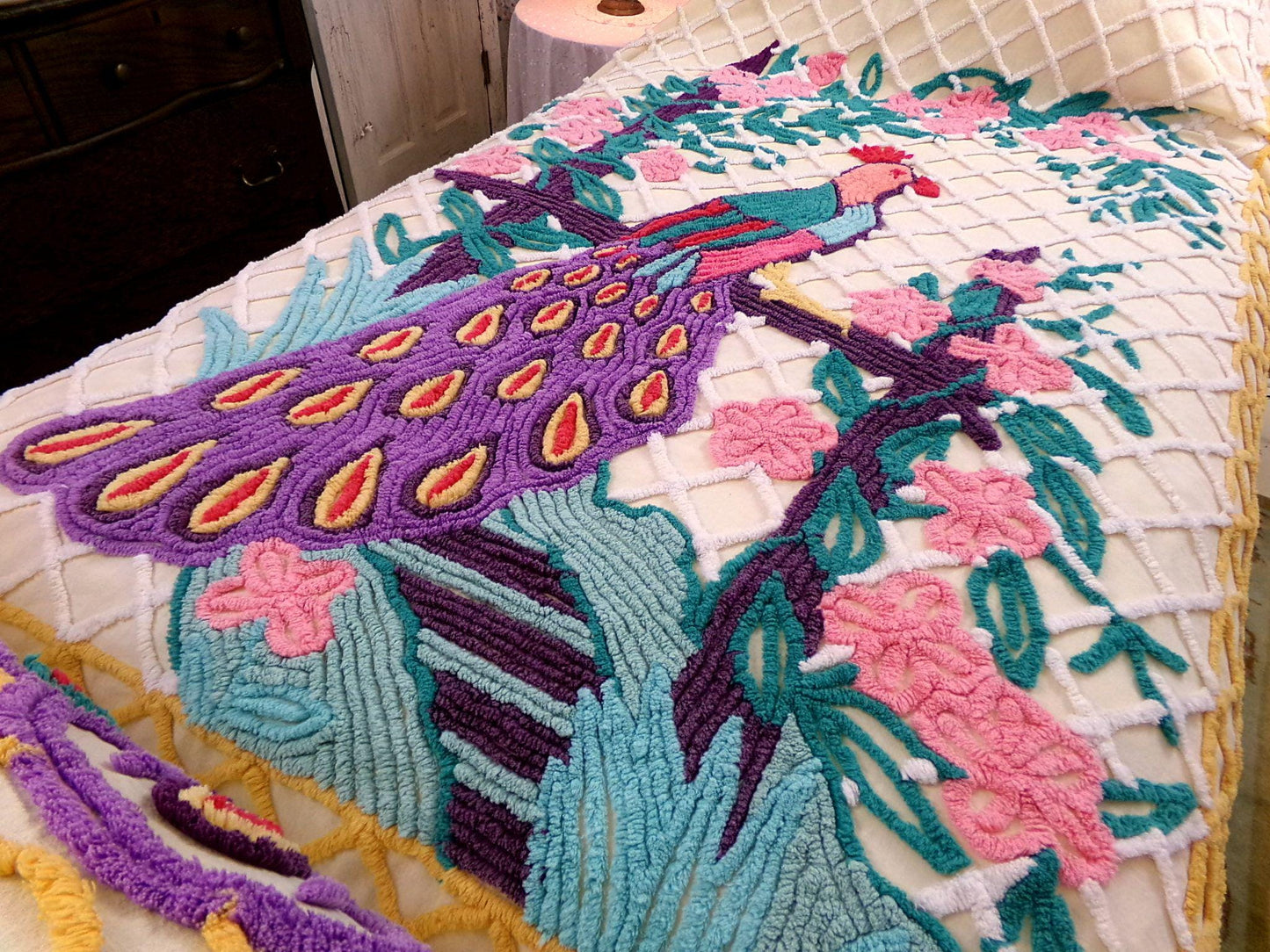 Grand Perched Peacock in a Garden Vintage Chenille Bedspread, Exotic Art Deco Dramatic 1940s Design, Full Size Lightweight Cotton Coverlet