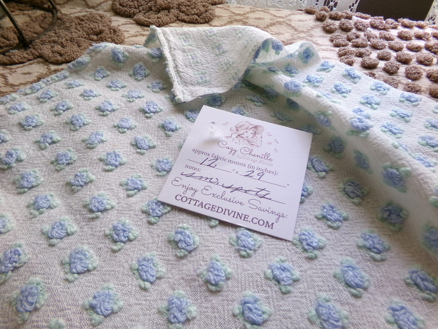 Miniature Blue Rosebuds Vintage Chenille Quilt Fabric, 12" x 29" inch Piece, Micro Roses on Lightweight Cotton