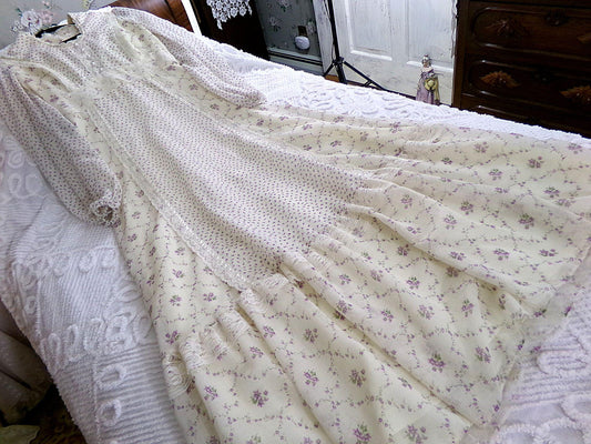 billowy vintage prairie maxi dress, boho style 1970s long gown with contrast delicate rosebud floral print, size small