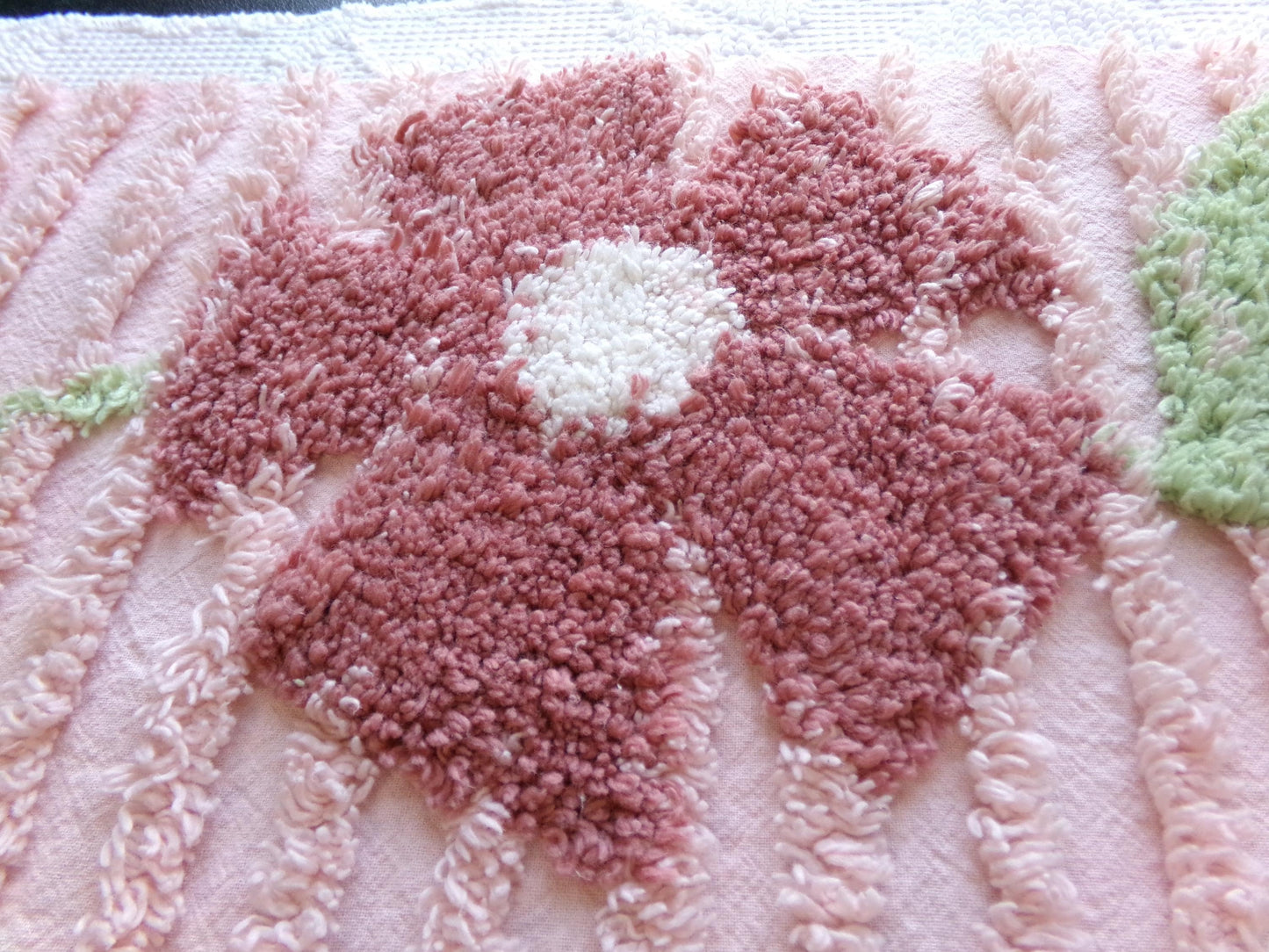 Rosy Pink Floral Vintage Chenille Fabric, Wideset Climbing Daisy Flower Design, 25" x 24" inch Piece of Cotton Sewing Material