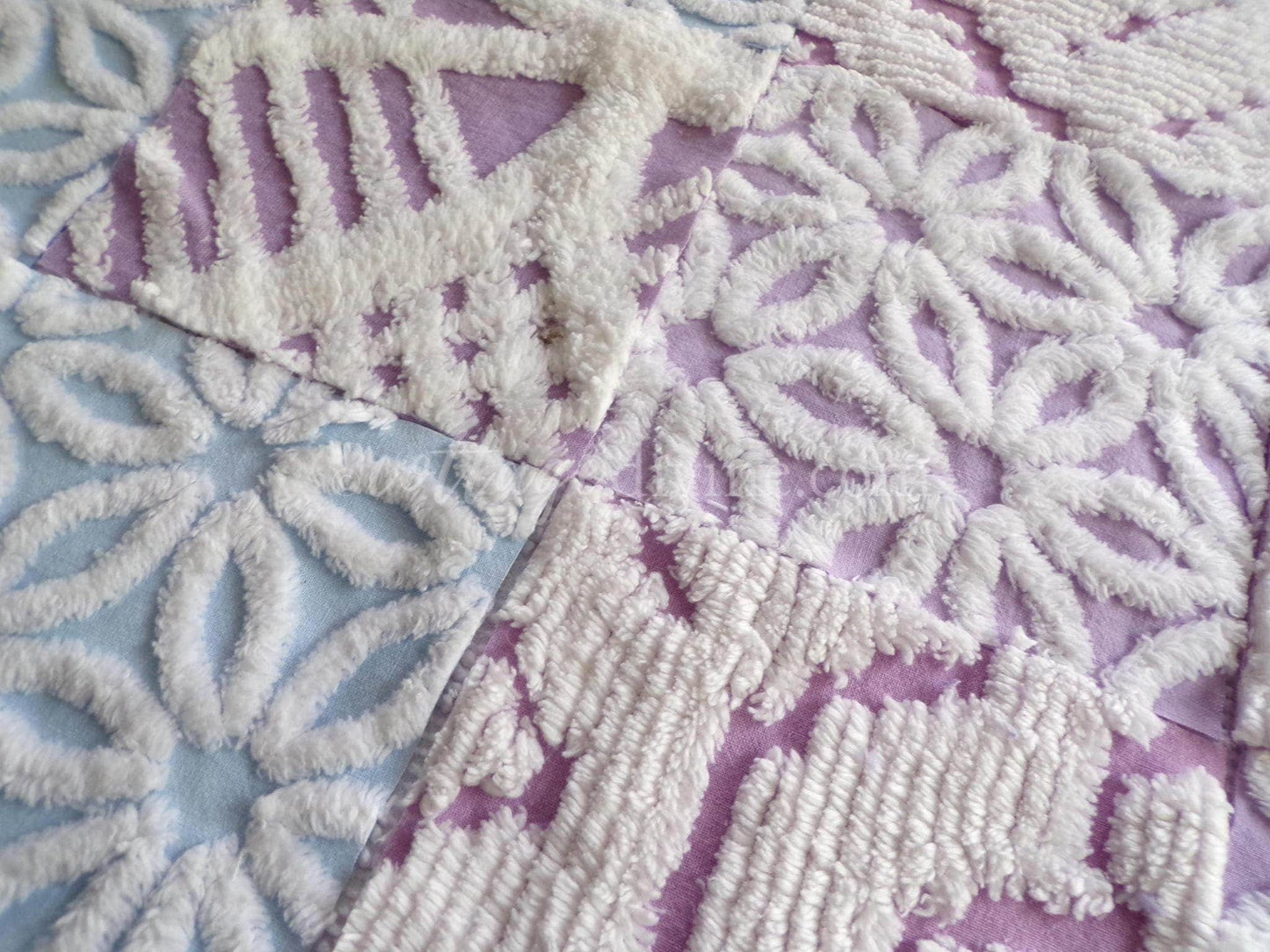 Peaceful Dreams Chenille Fabric Squares Set in Lilac, Blue & White, 16 Vintage Rotary Cut Quilt Blocks, 6" x 6" inch