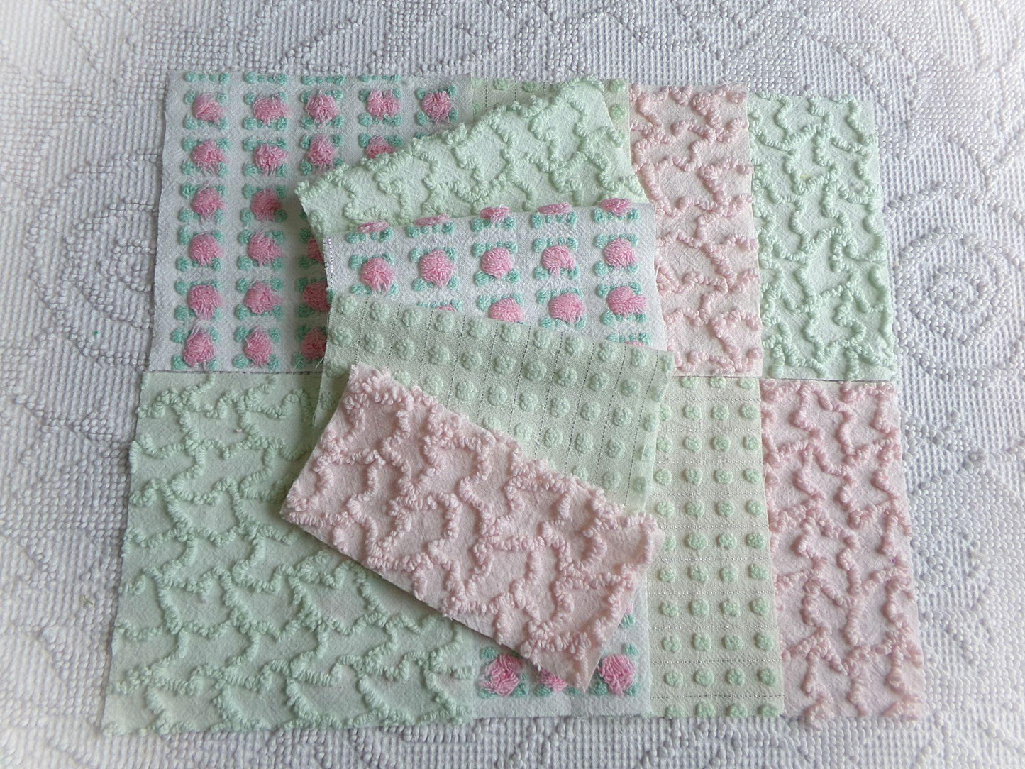 fairytale pink & green chenille fabric squares, set of 12 vintage 6" quilt blocks in crafty girl's dozen, popular squiggles, rosebud, dots