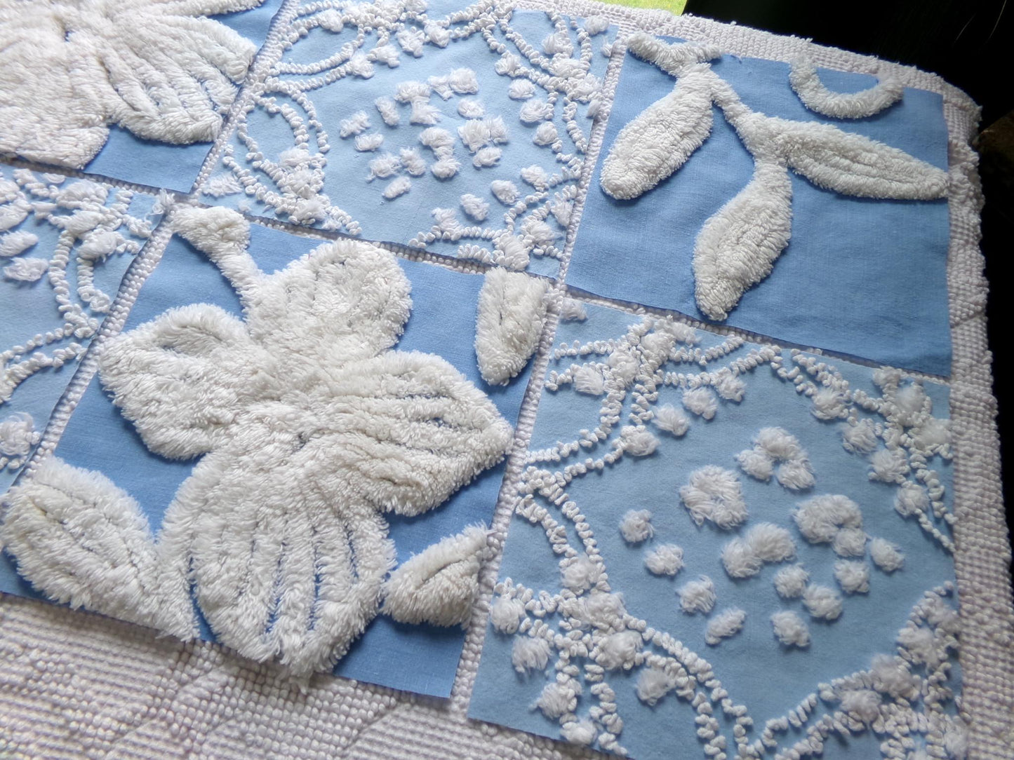 coastal breeze chenille fabric squares, set of 8 vintage 7.5" quilt blocks, blue geometric, white floral for sewing, crafts, quilting