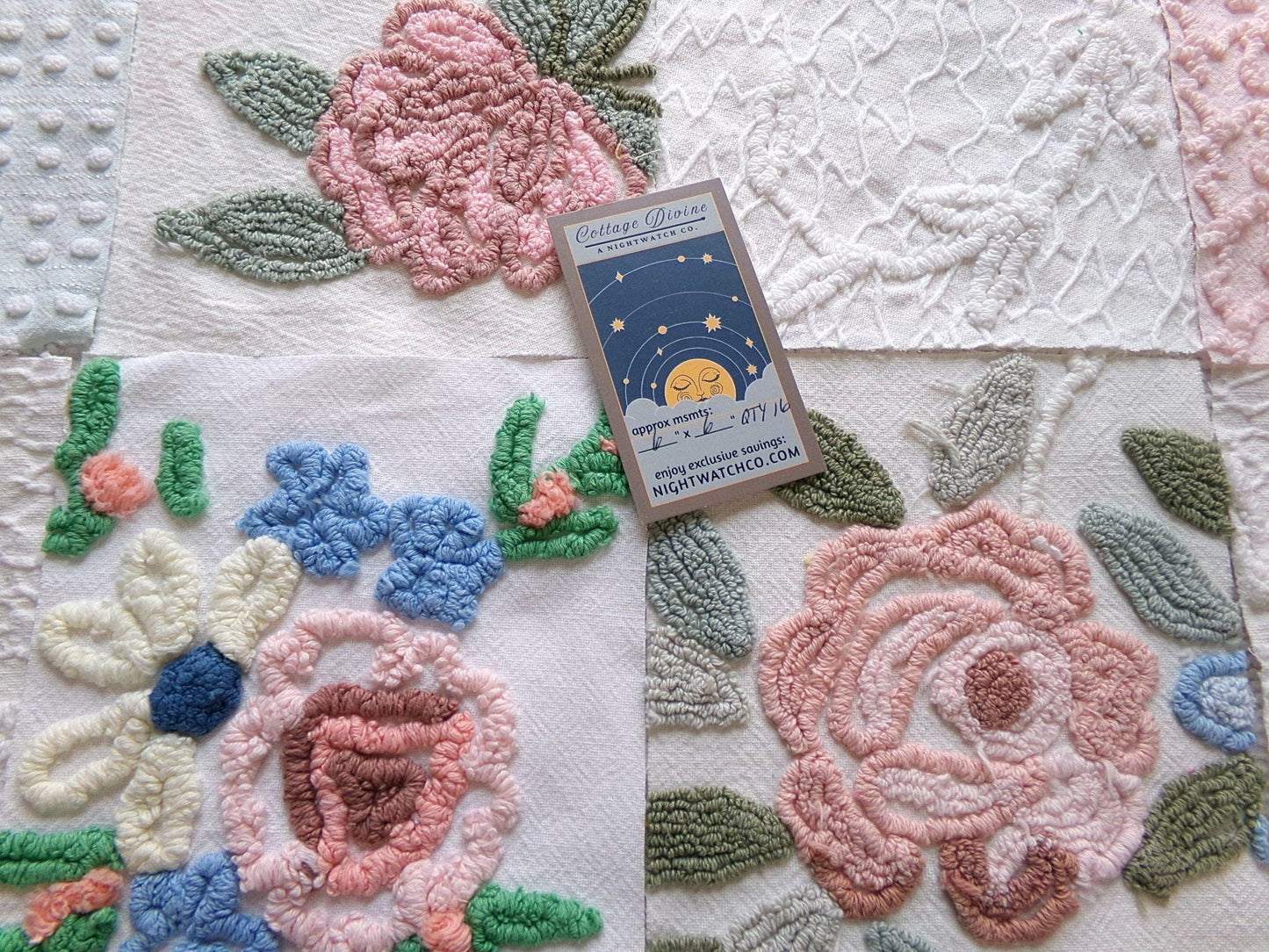 garden beauties vintage 6" chenille squares, set of 16 quilt blocks rotary cut from lovely vintage chenille & matelasse bedspread fabrics