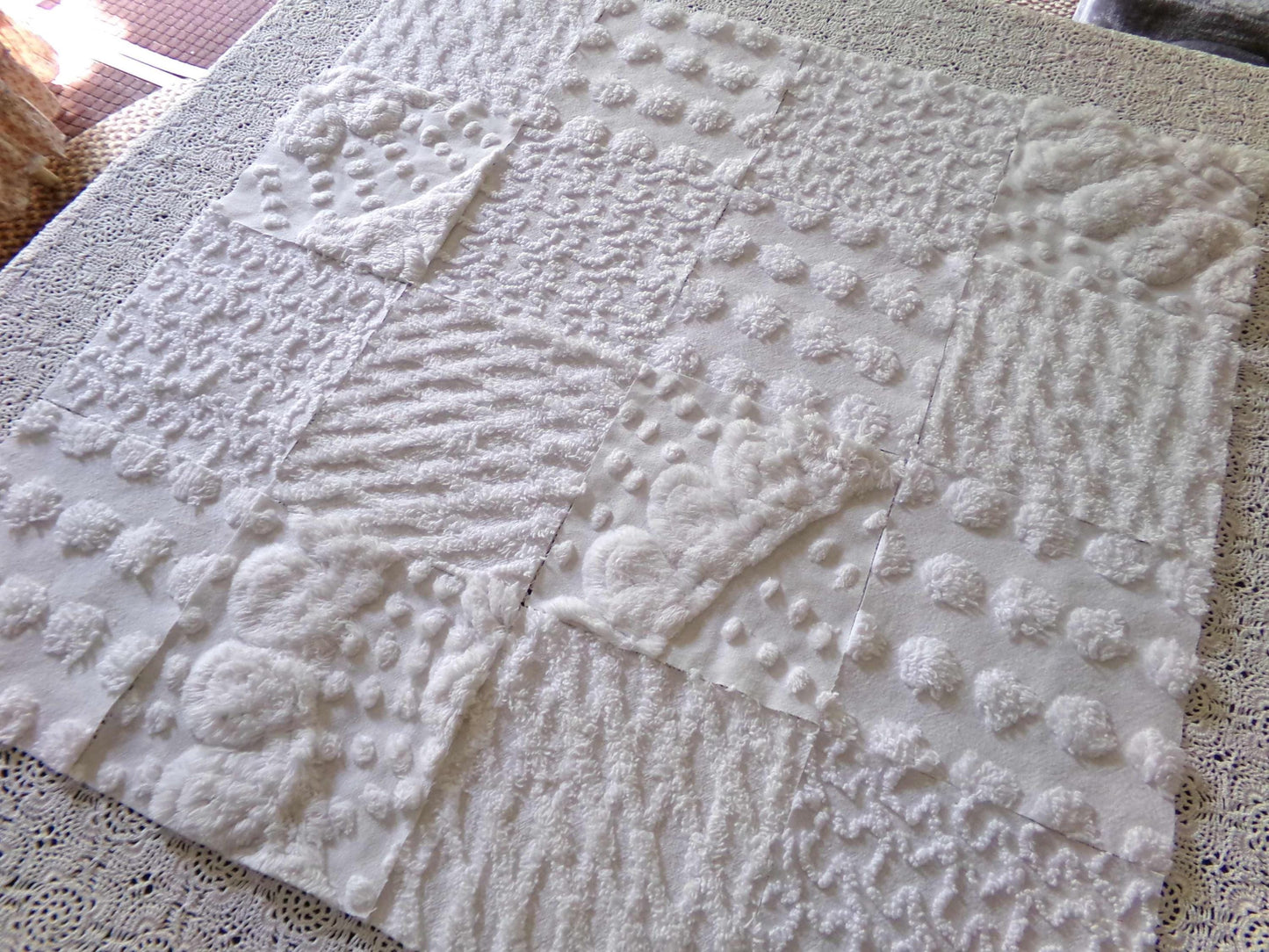 snow day white chenille fabric squares, 16 vintage 6" x 6" quilt blocks, pops, squiggles, diamond lattice & swirls