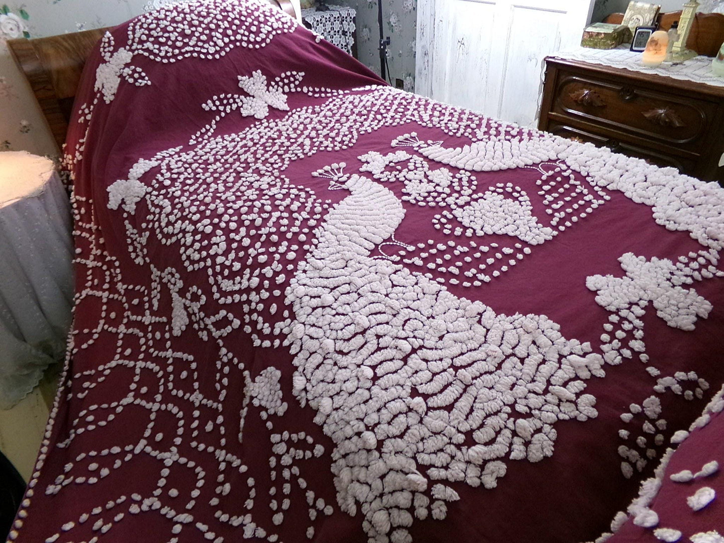 Antique Peacock Chenille Bedspread, Shabby Vintage Victorian Handmade Coverlet in Deep Wine with Snow White Tufting, Full Size Bedding