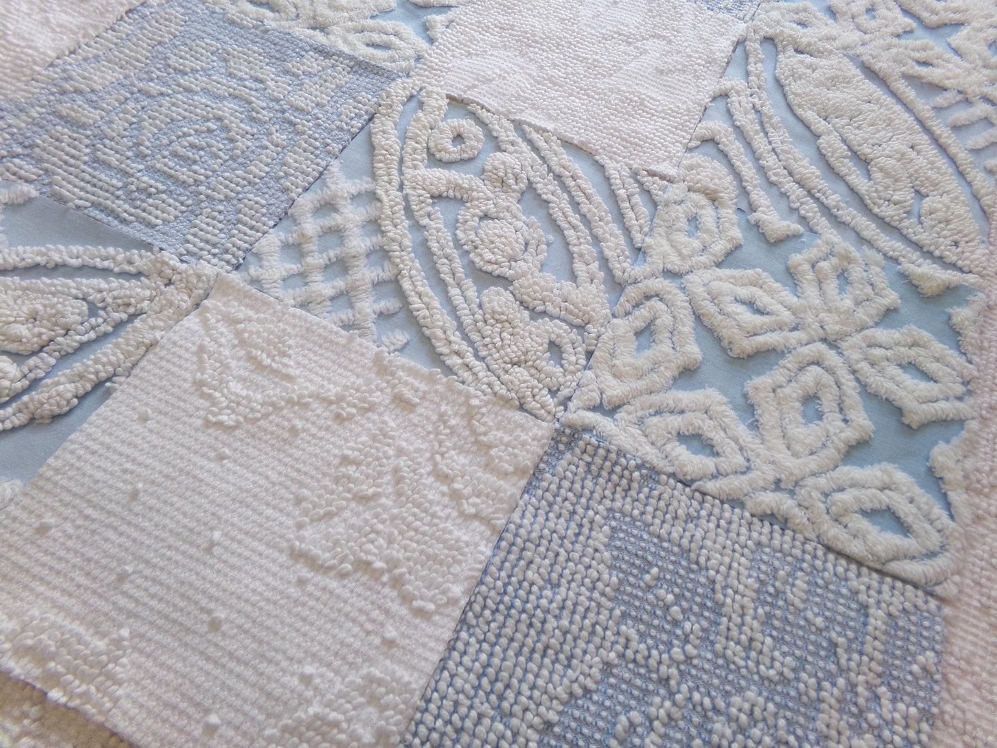 seaside serenity vintage chenille fabric squares, set of 16 blue & white 6" blocks for crafts, sewing
