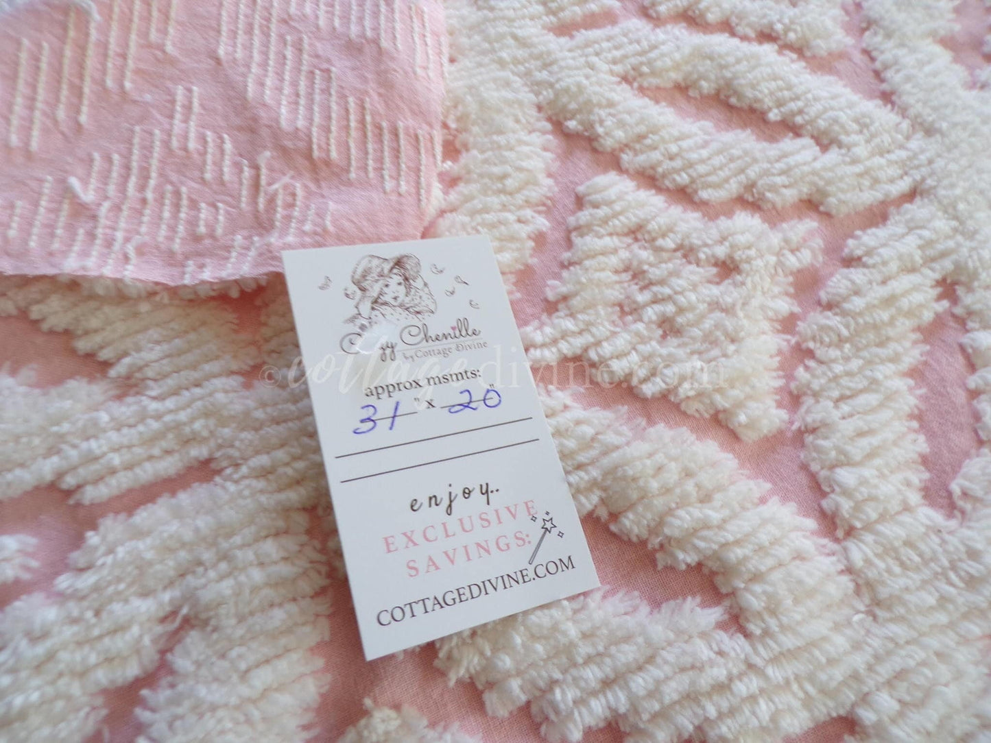Snuggle Pink Vintage Chenille Fabric, White Sculpted Geometric Tufting, 20" x 31" inch Piece
