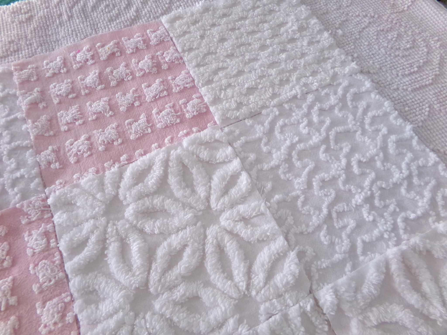 angel wings chenille fabric squares, pink & white rosebud, lattice, dots, squiggles, vintage square set of 16 quilt blocks, 6" x 6" inch