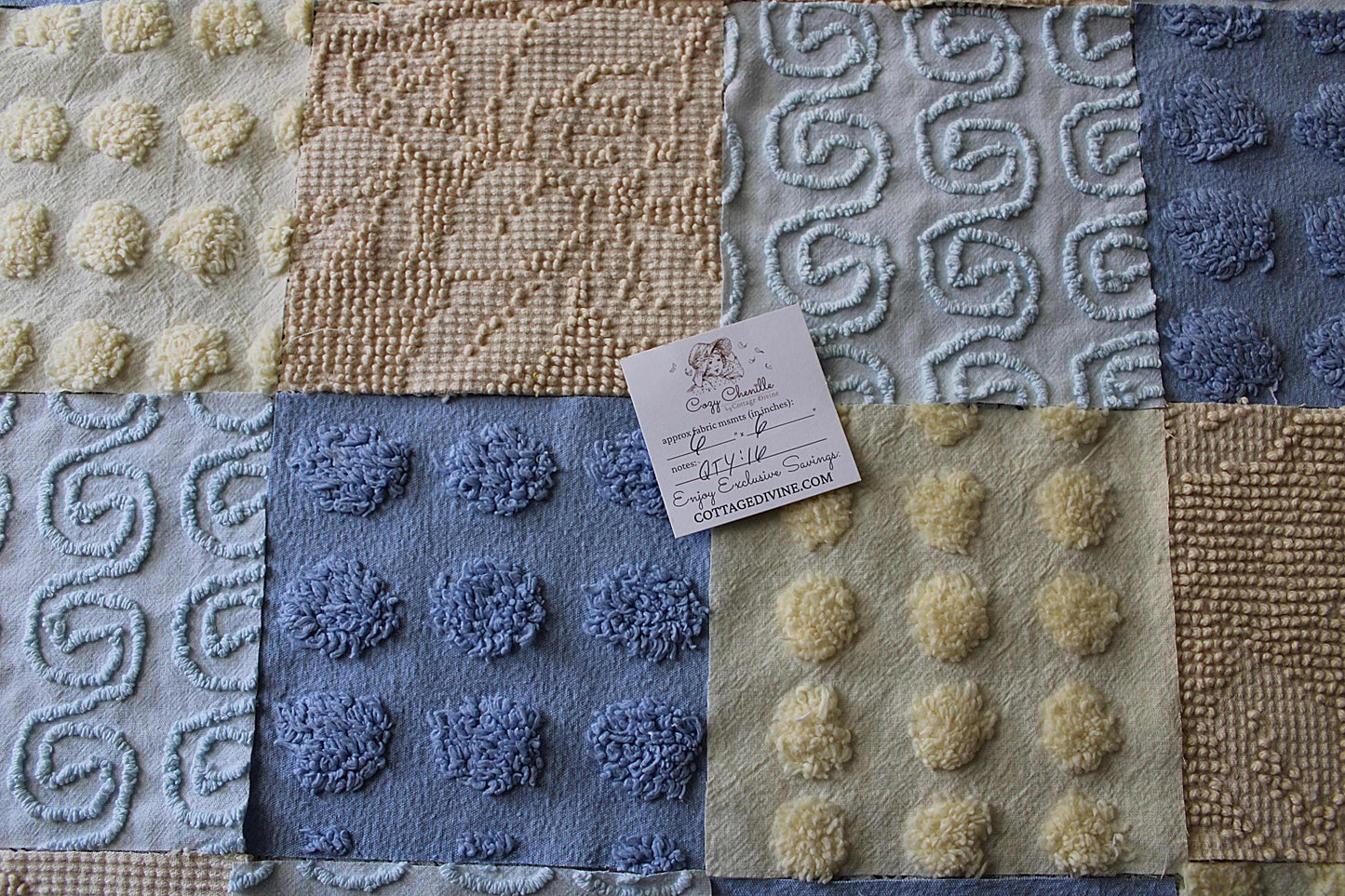 Ocean Sands Vintage Chenille Fabric Squares, Blue & Golden Sand Craft Square Set, 16 Blocks, 6" x 6" inch, Modern Chic