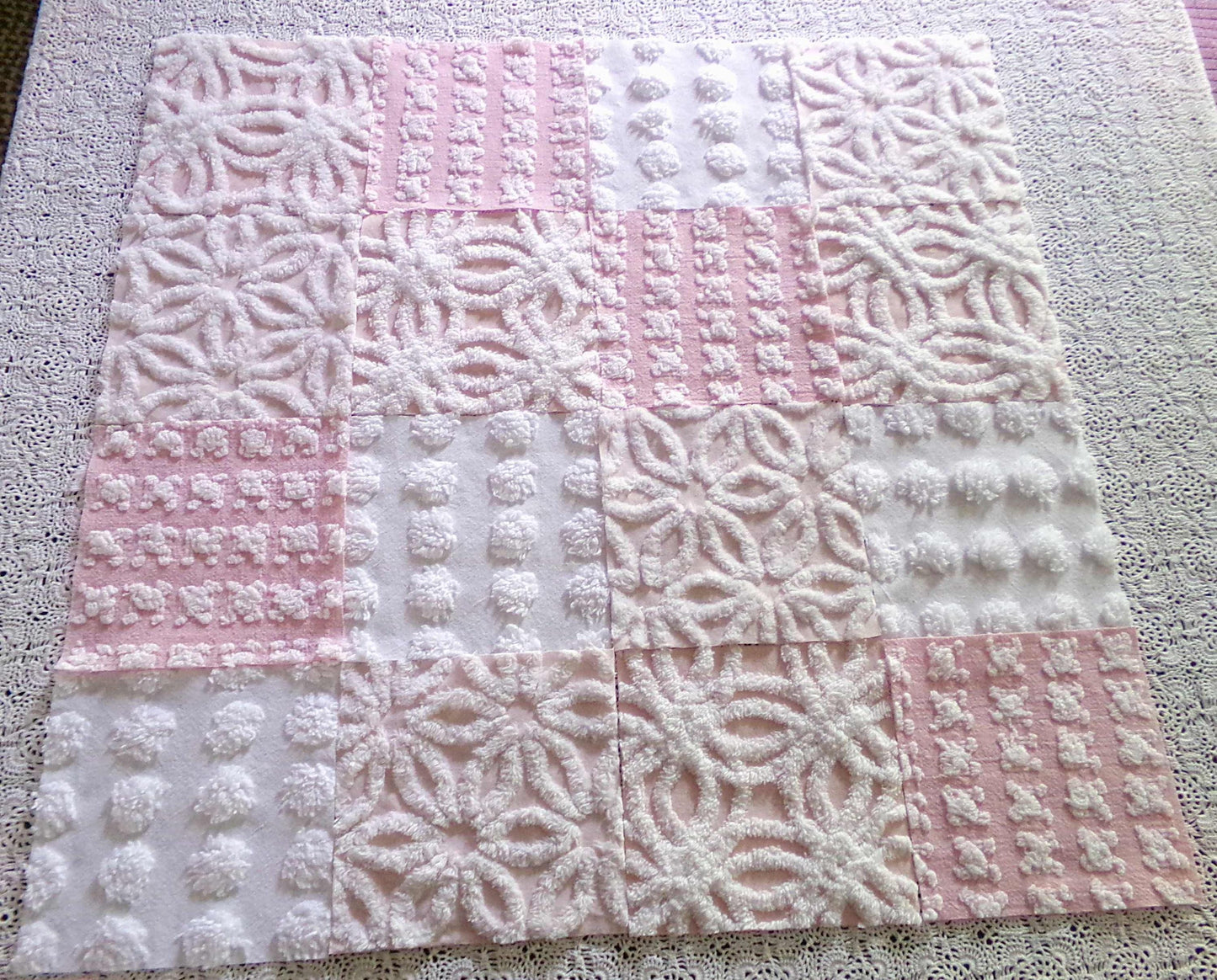 Pink Wink Quilt Squares Set from Vintage Chenille Bedspread Fabric, 16 Blocks, 6" x 6" inch