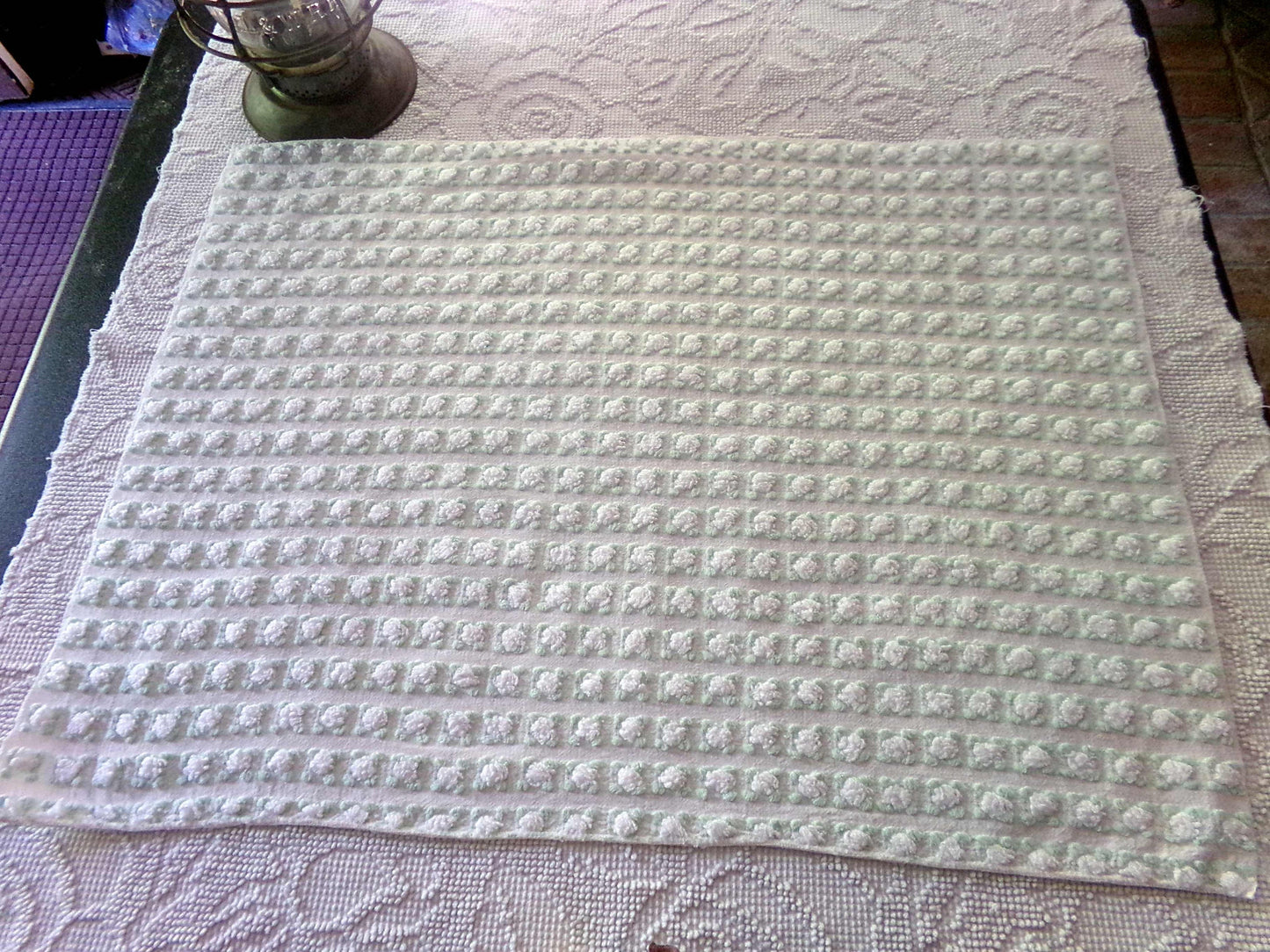 Plump White Rosebuds Vintage Chenille Fabric, 19" x 25" Piece, Beautiful Roses with Mint Green Leaves