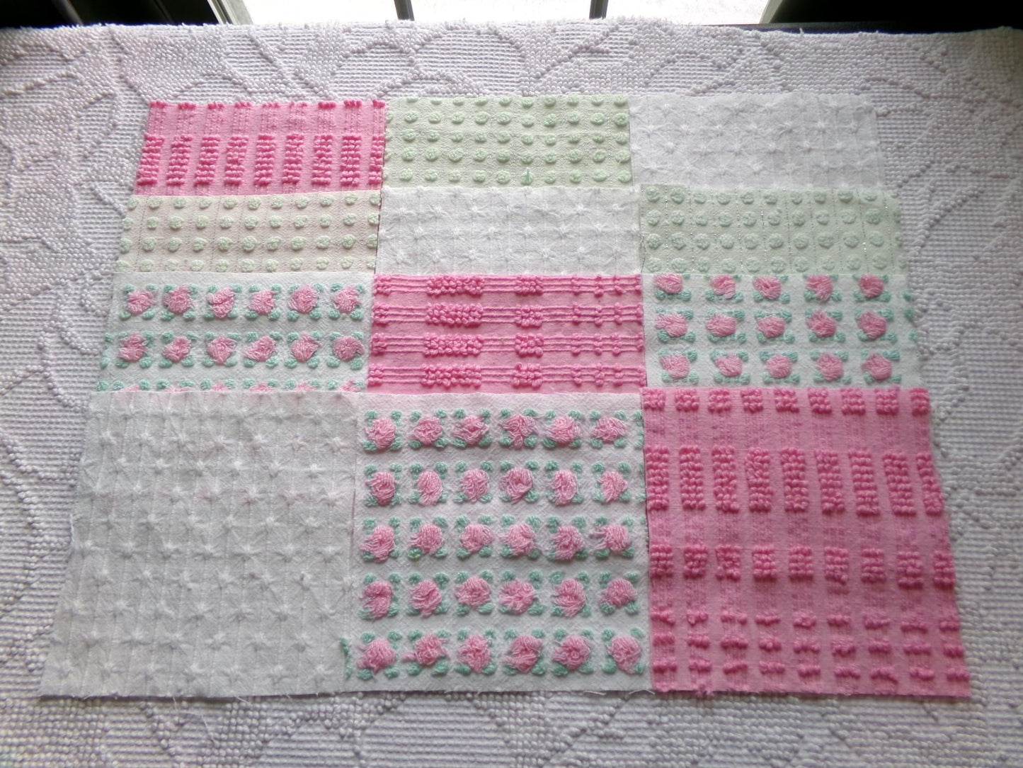 fairytale pink & green chenille fabric squares, set of 12 vintage 6" quilt blocks in crafty girl's dozen, popular squiggles, rosebud, dots