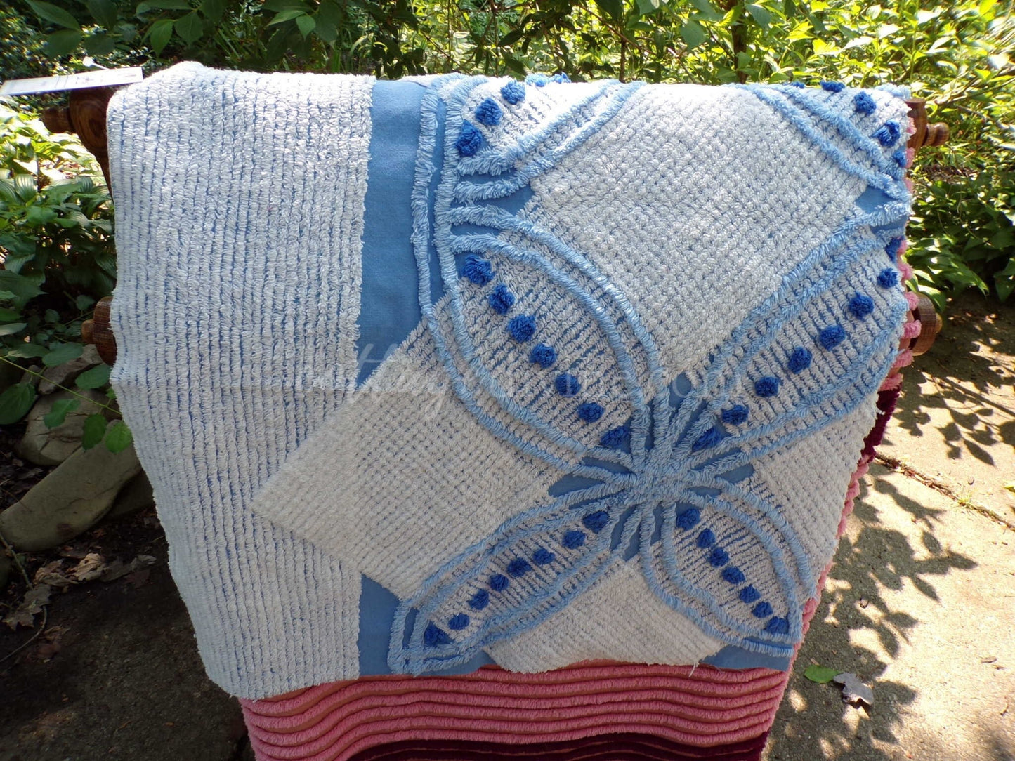 mystic coastal blue & white vintage chenille fabric, starburst geometric pattern, 22" x 23" inch piece of unique cotton sewing material