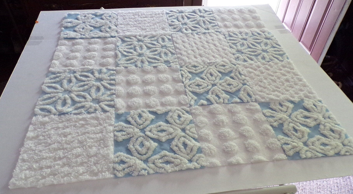 Coastal Classics Quilt Squares Set, from Vintage Chenille Bedspread Fabric, 16 Blocks, 6" x 6" inch, Fluffy Plush Blue & White
