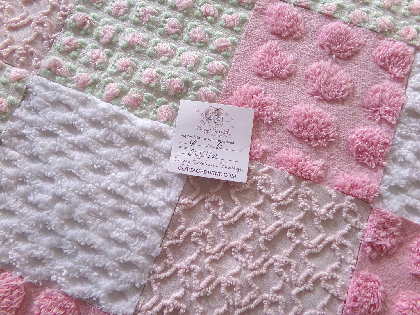 fairy chic chenille fabric squares, pink cottage rosebuds, 16 vintage quilt blocks 6" x 6" inch, for patchwork pillows, quilting, crafts